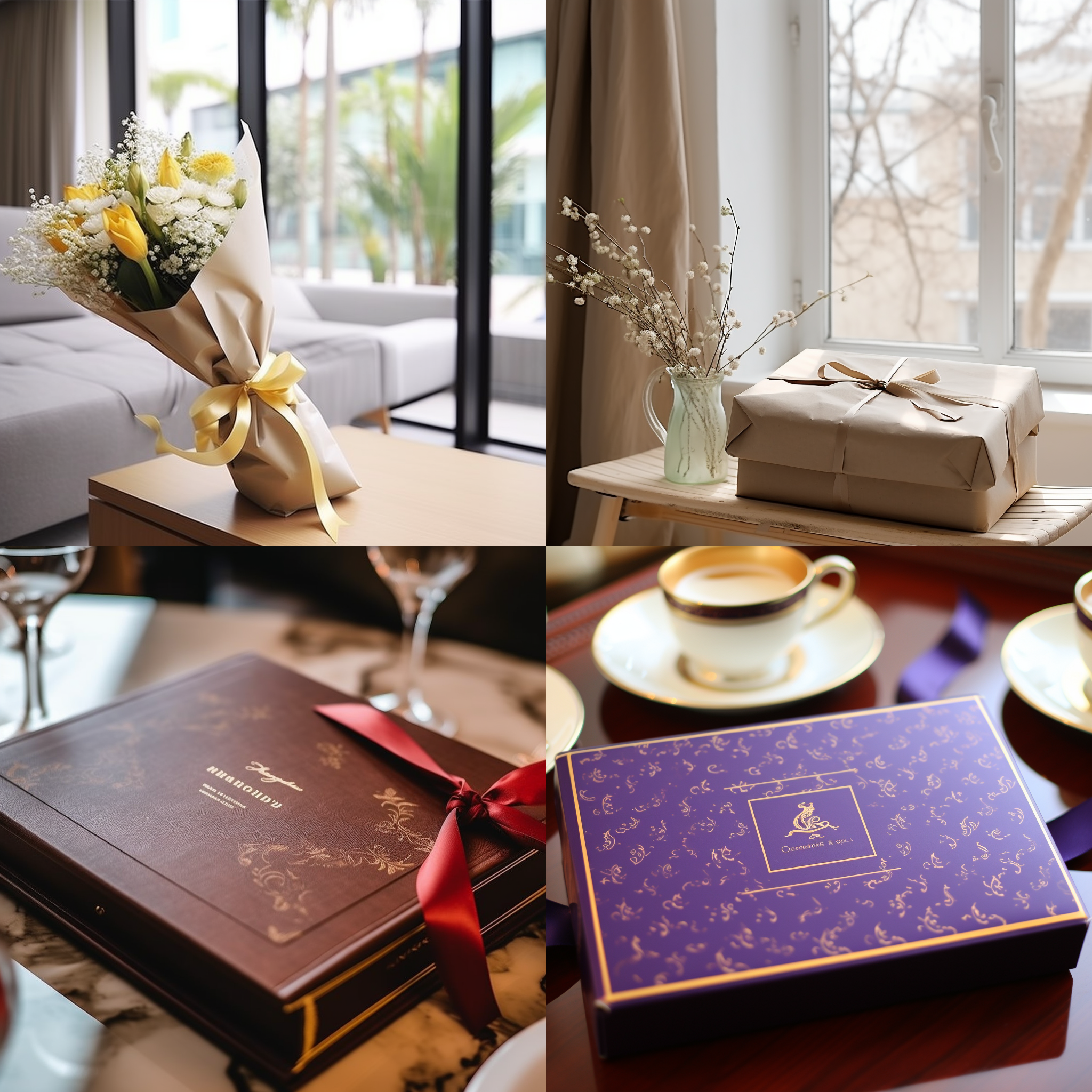 盒子包装，放在精美的木制桌面上，整体布置简洁而精致。盒子呈现出光滑的质感，有金色花纹装饰。桌面上还放置了一束鲜花和一本书，增添了一丝温馨的氛围。整体色调以暖色为主，照明柔和。