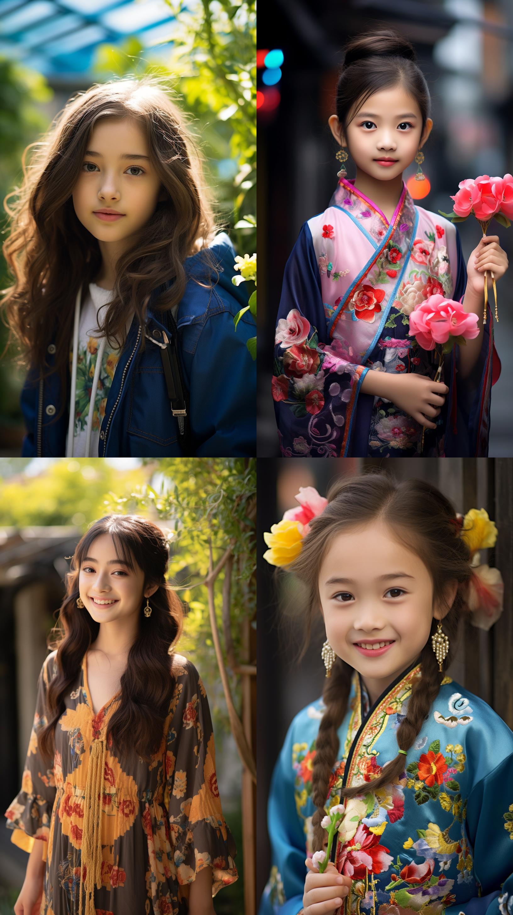 12岁中国少女，肖像镜头，明亮光线，花园中，明亮色调，微笑，清晰焦距，自然风格，暖色调，纯净表情。