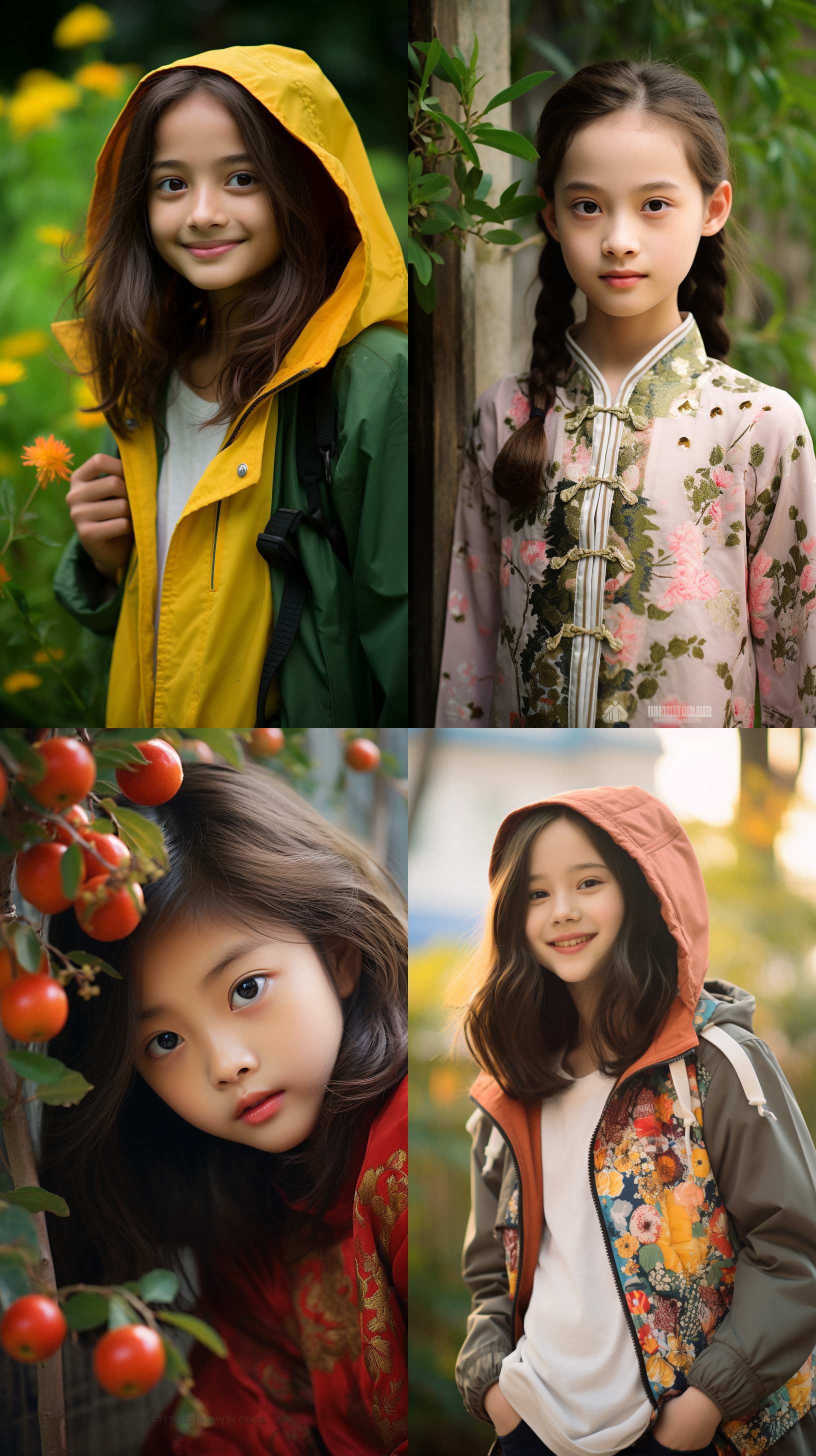 12岁中国少女，肖像镜头，明亮光线，花园中，自然风景，微笑，清澈眼神，清新，明亮色调，青春活力。