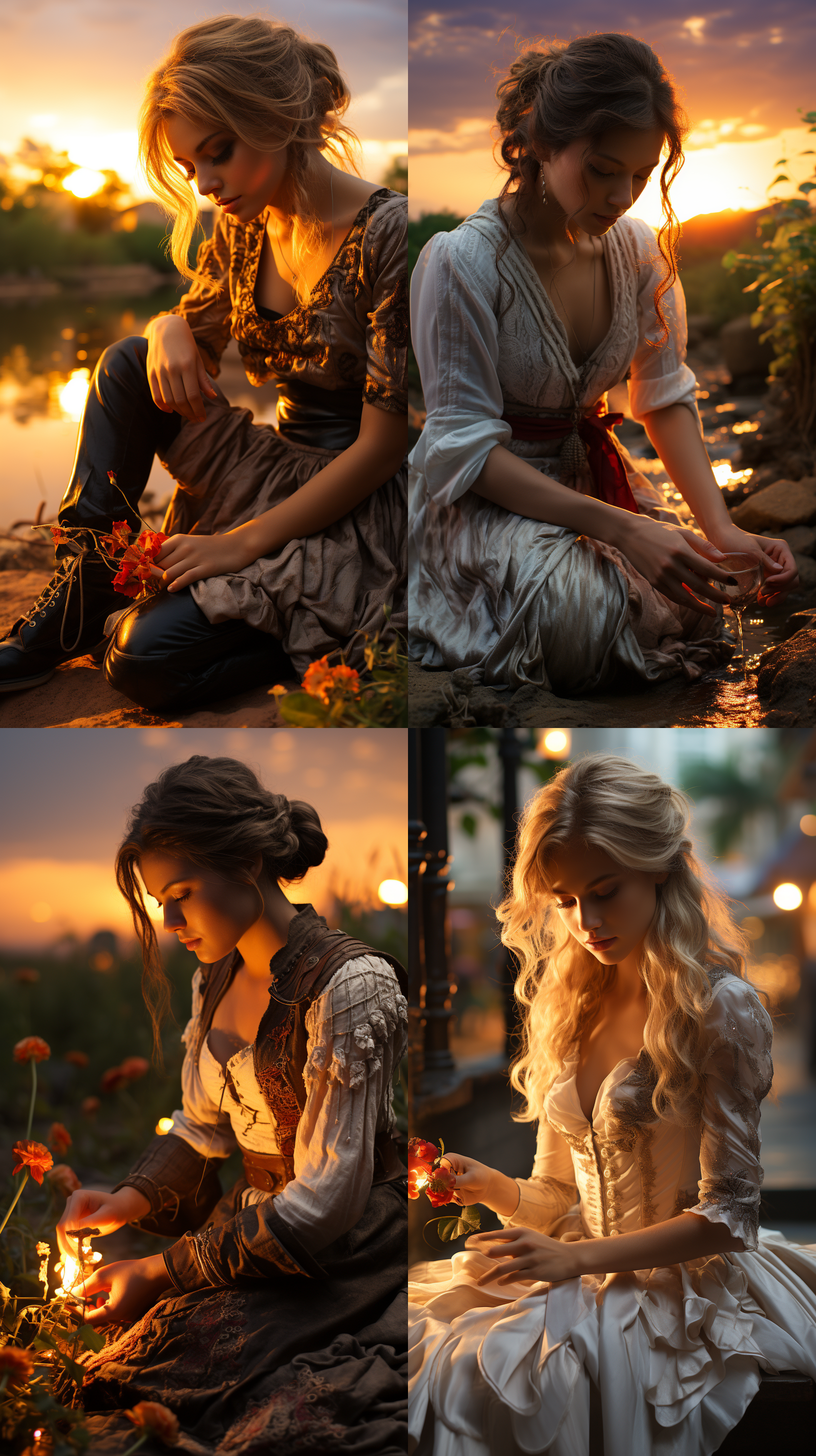 女人穿着婚纱蹲在日落下，标准镜头拍摄，闪闪的眼睛，水汪汪大眼，游戏质感，全局照明，暖光，侧光，情调光，鲜艳色彩。