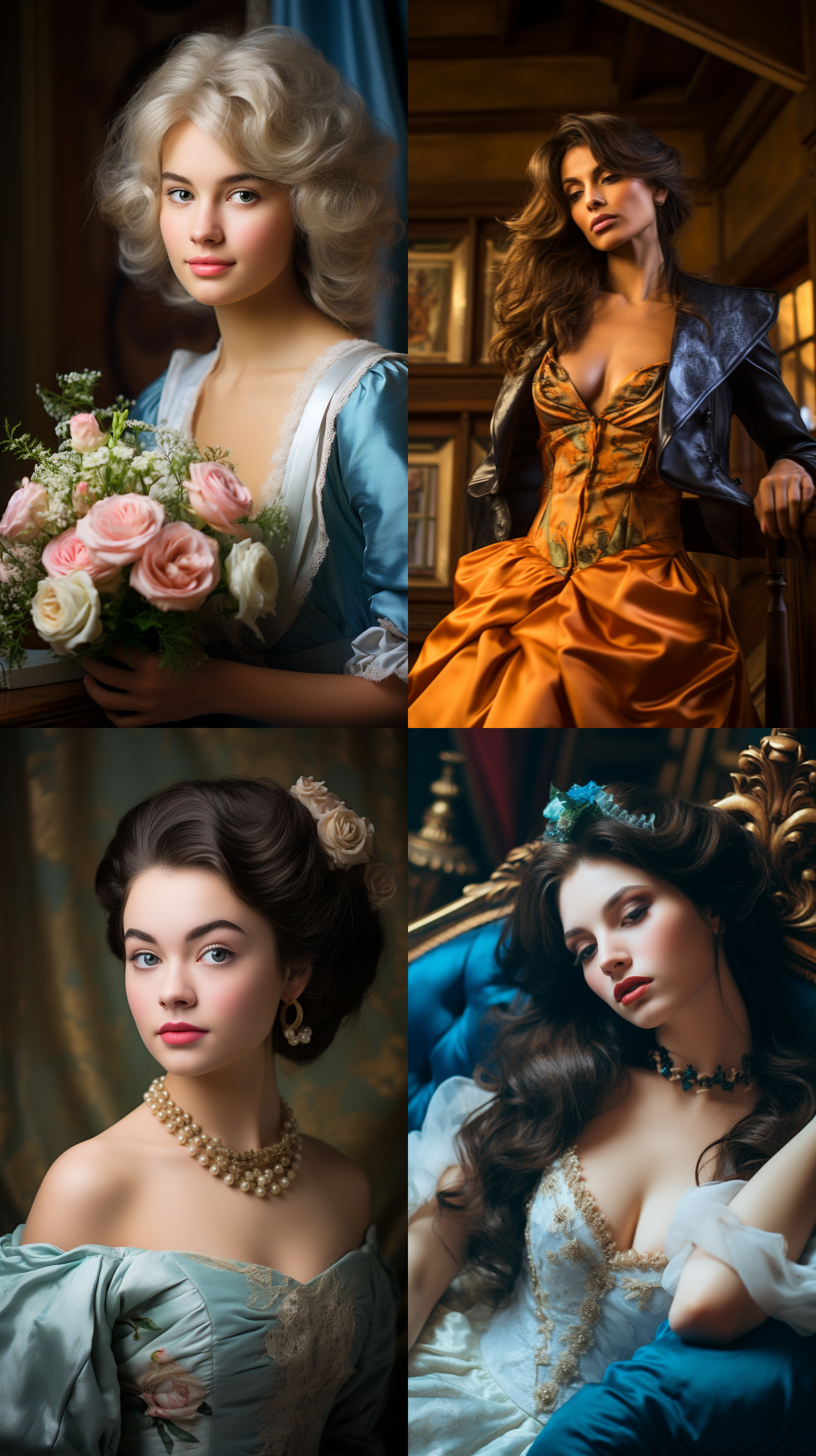 室内拍摄，明亮色调，模特穿着古典服装，侧面肖像，柔和光线，中焦镜头，端庄表情，优雅动作，传统元素，油画效果，温暖情感