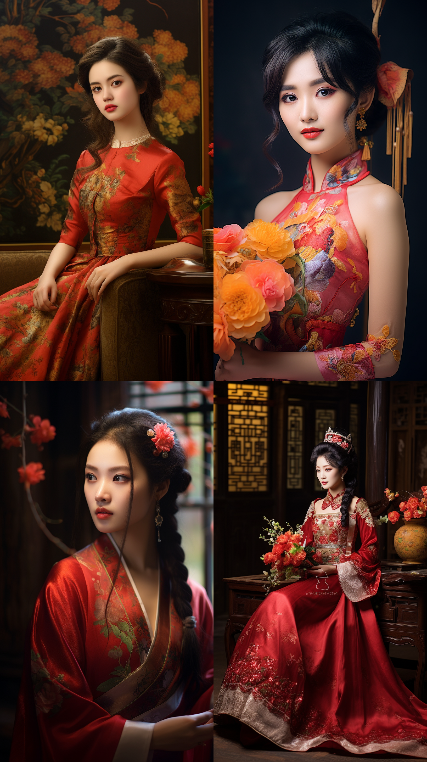 室内拍摄，明亮色调，中国模特穿着古典服装，侧面肖像，柔和光线，中焦镜头，端庄表情，优雅动作，传统元素，油画效果，温暖情感