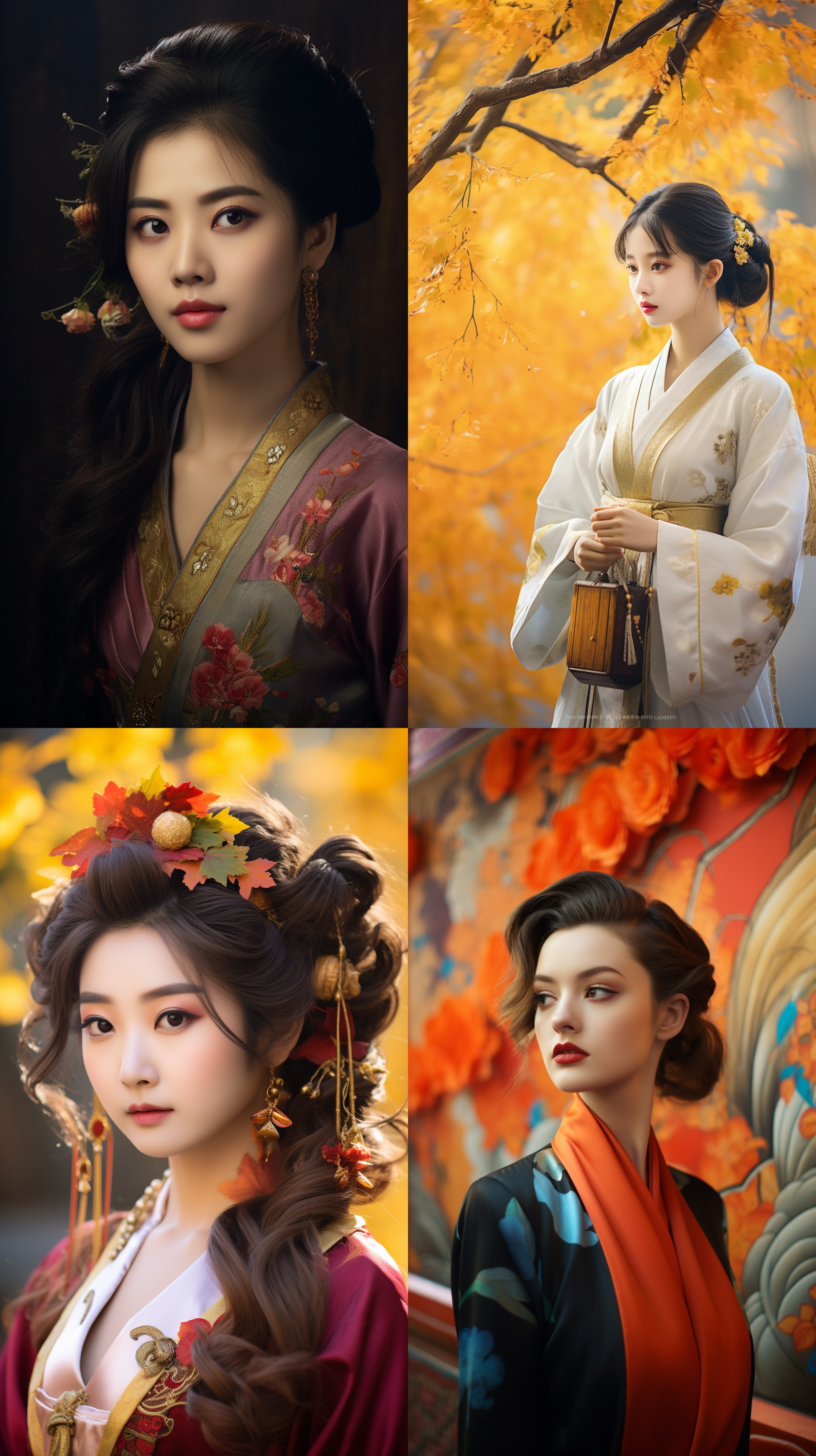 室外拍摄，明亮色调，中国模特穿着古典服装，侧面肖像，柔和光线，中焦镜头，端庄表情，优雅动作，传统元素，油画效果，温暖情感