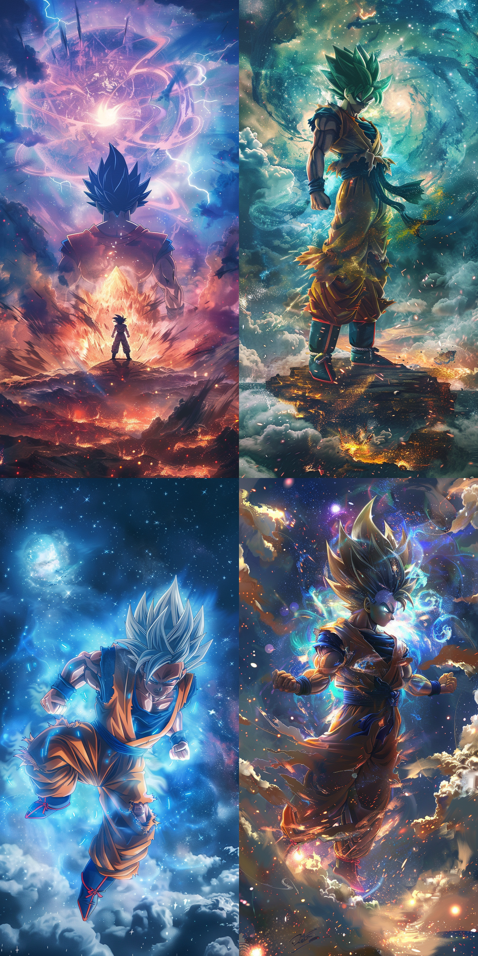 七龙珠动漫，超级赛亚人，合力龜派氣功, 做着战斗的动作，超清晰外观设计，超完美细节把控，超完美画质，梦幻云雾细节，梦幻星空背景，苹果壁纸，32k
