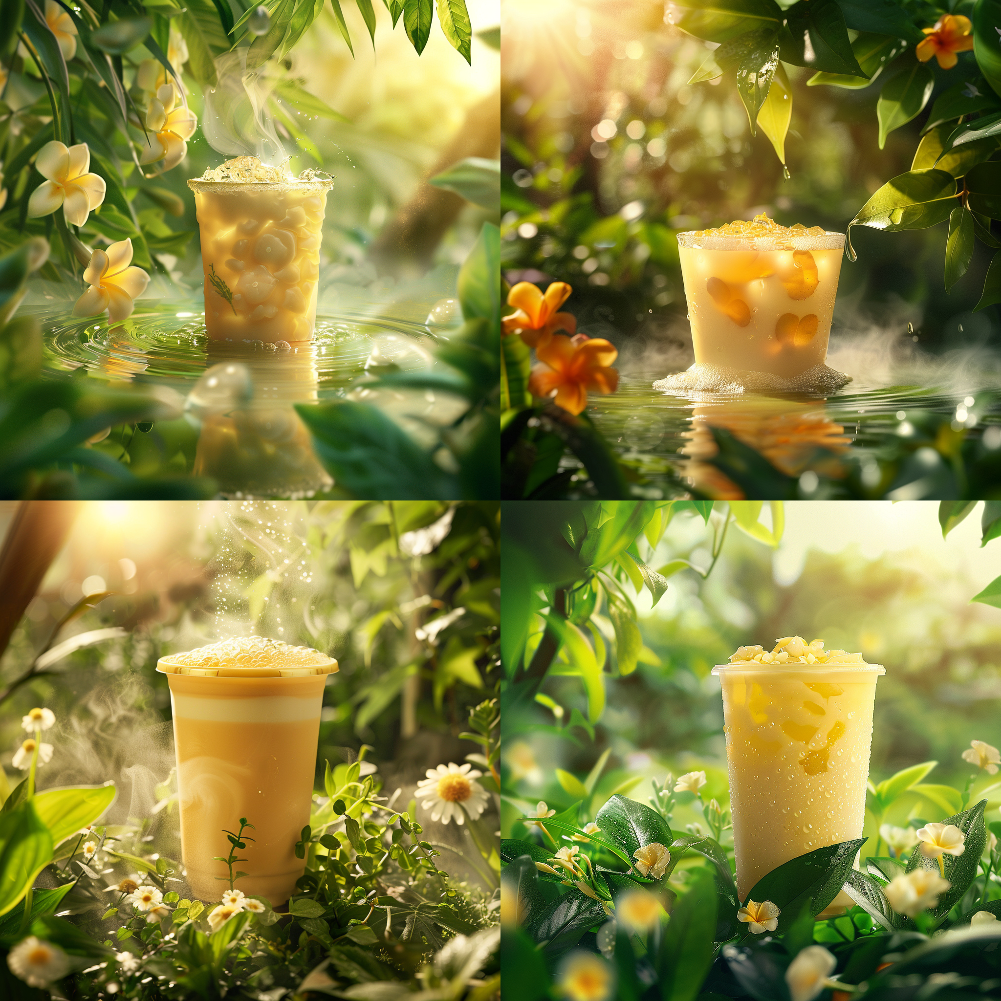 浮在水上的一杯奶茶，周围绿植与花朵环绕。背景是户外自然环境，阳光透过树叶照射在奶茶产品上。产品前方有一层薄雾，营造出清新的氛围。这杯奶茶呈黄色，看起来柔软顺滑。采用极简风格和高清摄影技术。奶茶，水上，绿植，花朵，阳光，薄雾，清新，黄色，柔软，高清摄影。