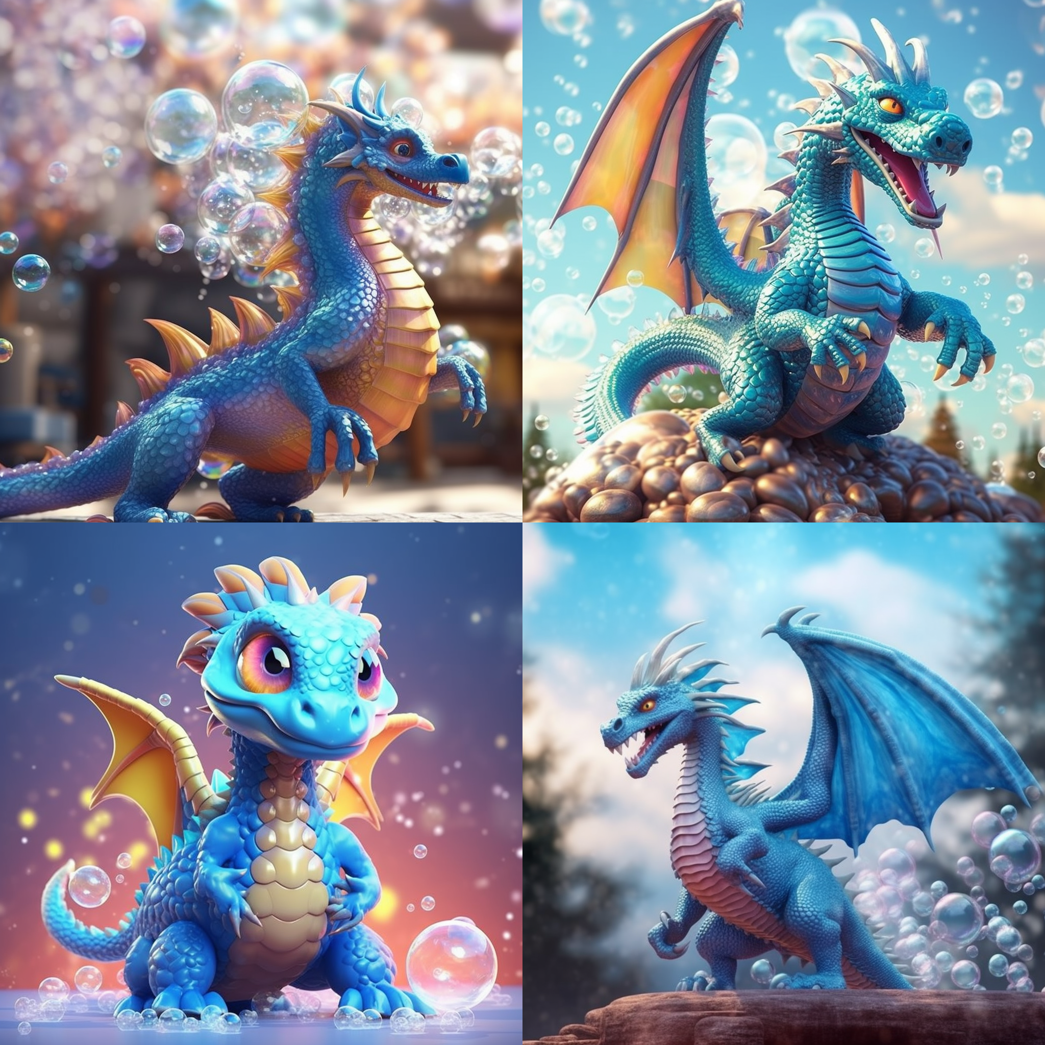 气泡龙，大气磅礴，绚丽多彩，蓝色调，广角镜头，逆光，飞舞，轻盈，梦幻，欢快。