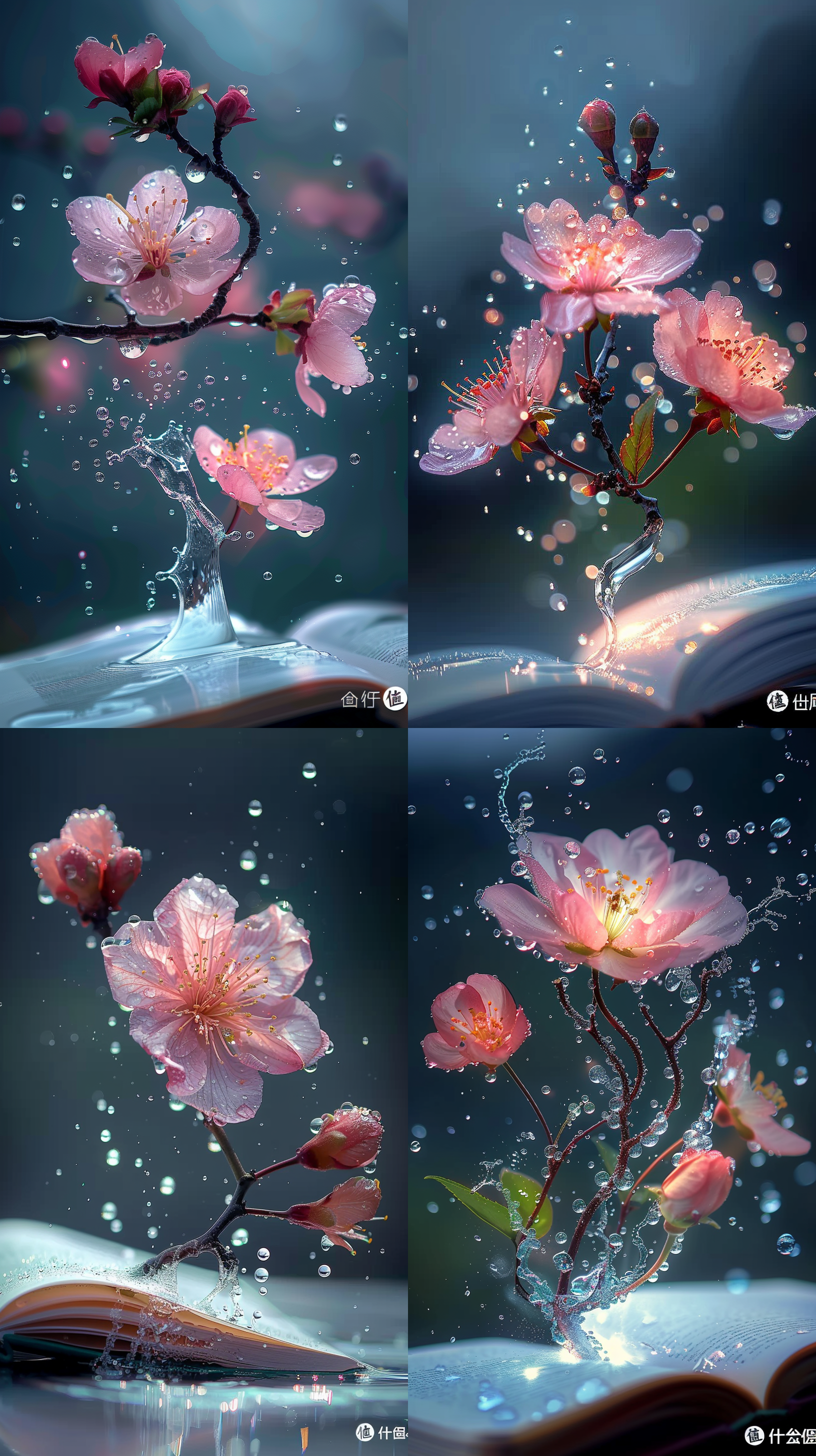 翻开的一本书，升腾起炫彩的光线，一朵桃花，水珠儿晶莹剔透。背景干净清透。
