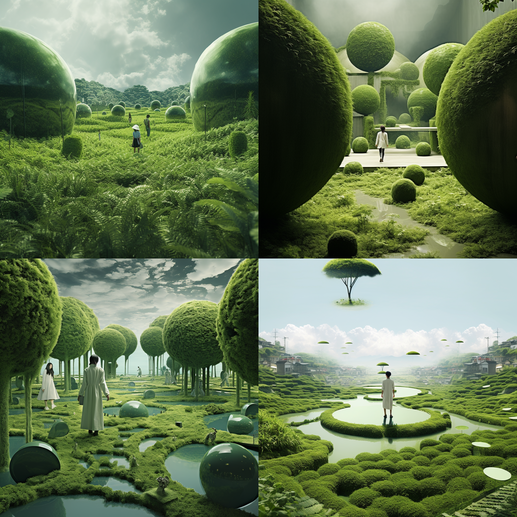 photos of people walking through the green garden, in chen zhen style, surreal 3d landscape, li tiefu, pointed mounds, charming landscape, spherical shape, high-definition out of the picture