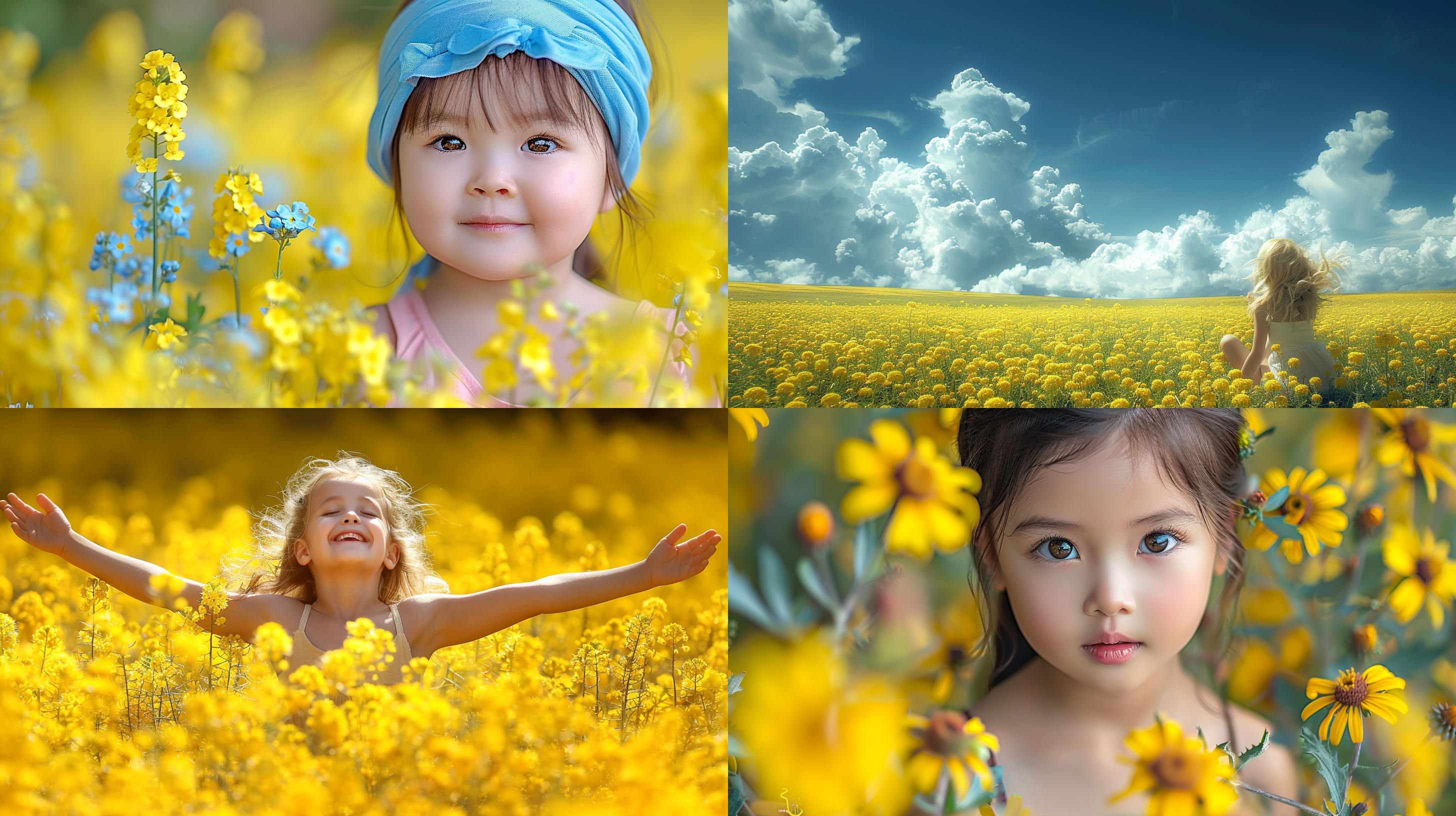 高端时尚摄影，亚洲孩子，中国孩子，全身，夸张的姿势，宽镜头，户外，风景，大片的油菜花，杰作，最好的质量