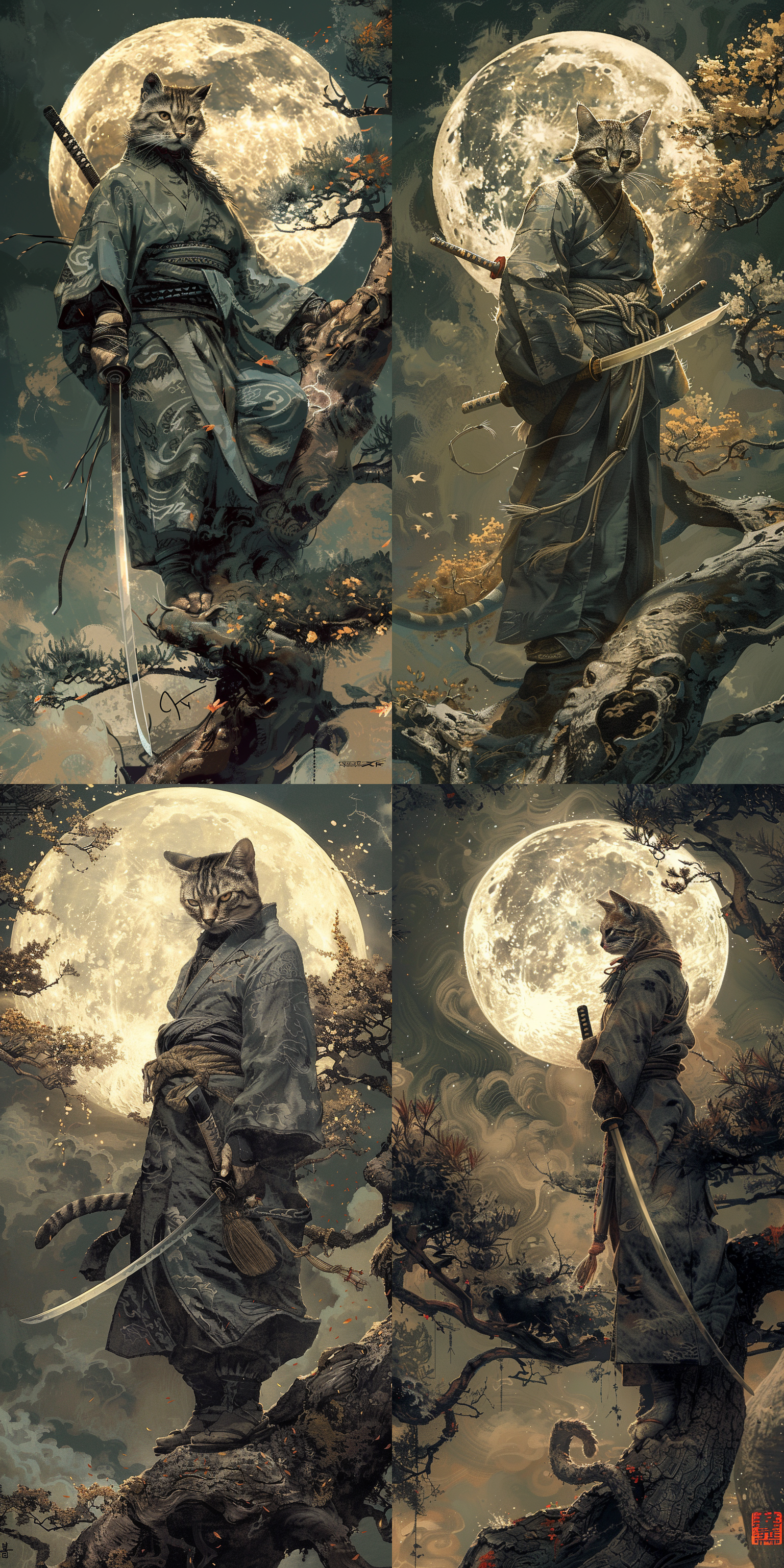 瘦削的银色虎斑猫，一只眼戴眼罩，身穿灰色的汉服，手持武士刀，站在树顶上，背后是巨大的满月 虚幻引擎
