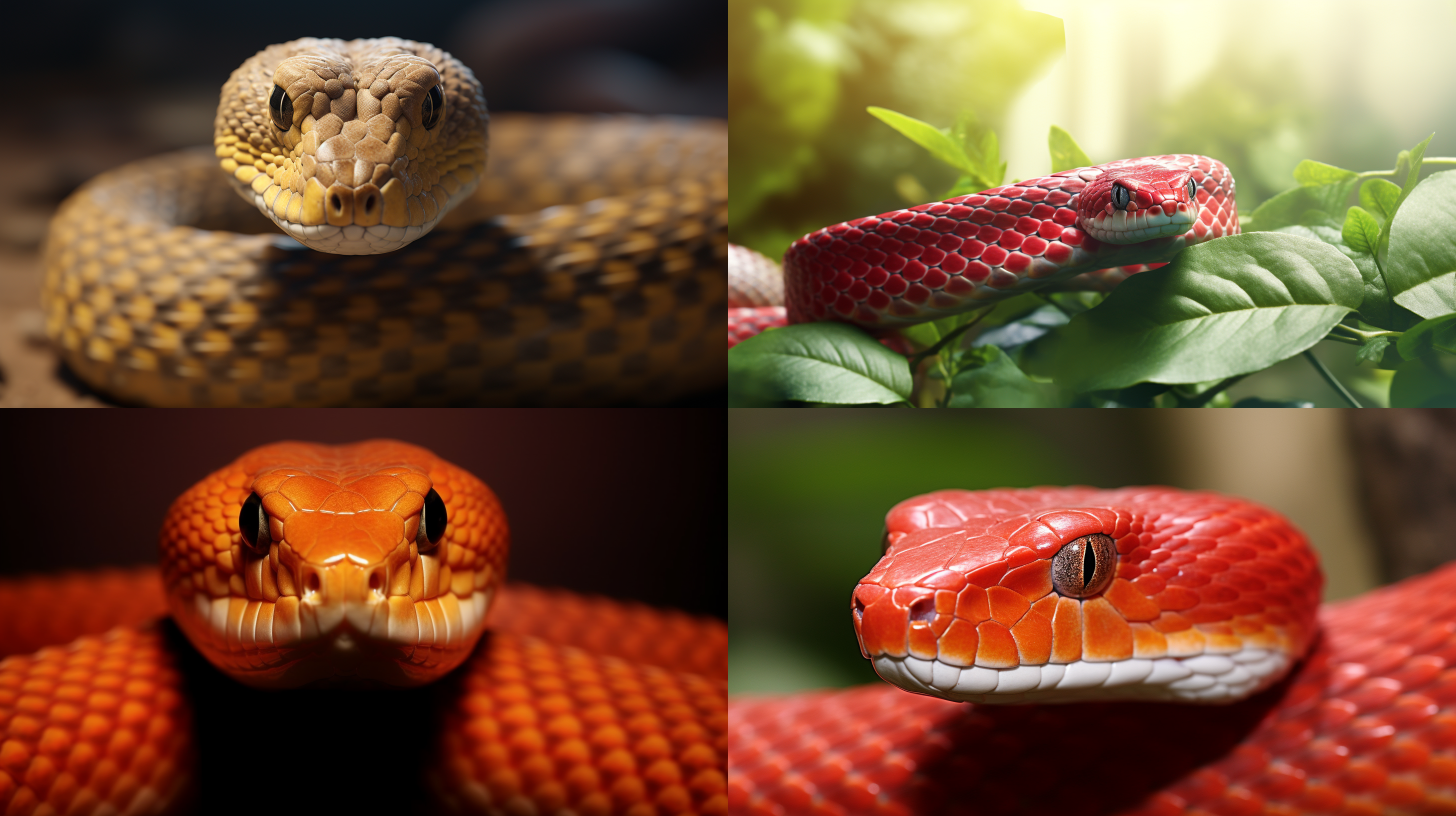 蛇自然环境，日落光线，细节丰富，近景特写，明亮