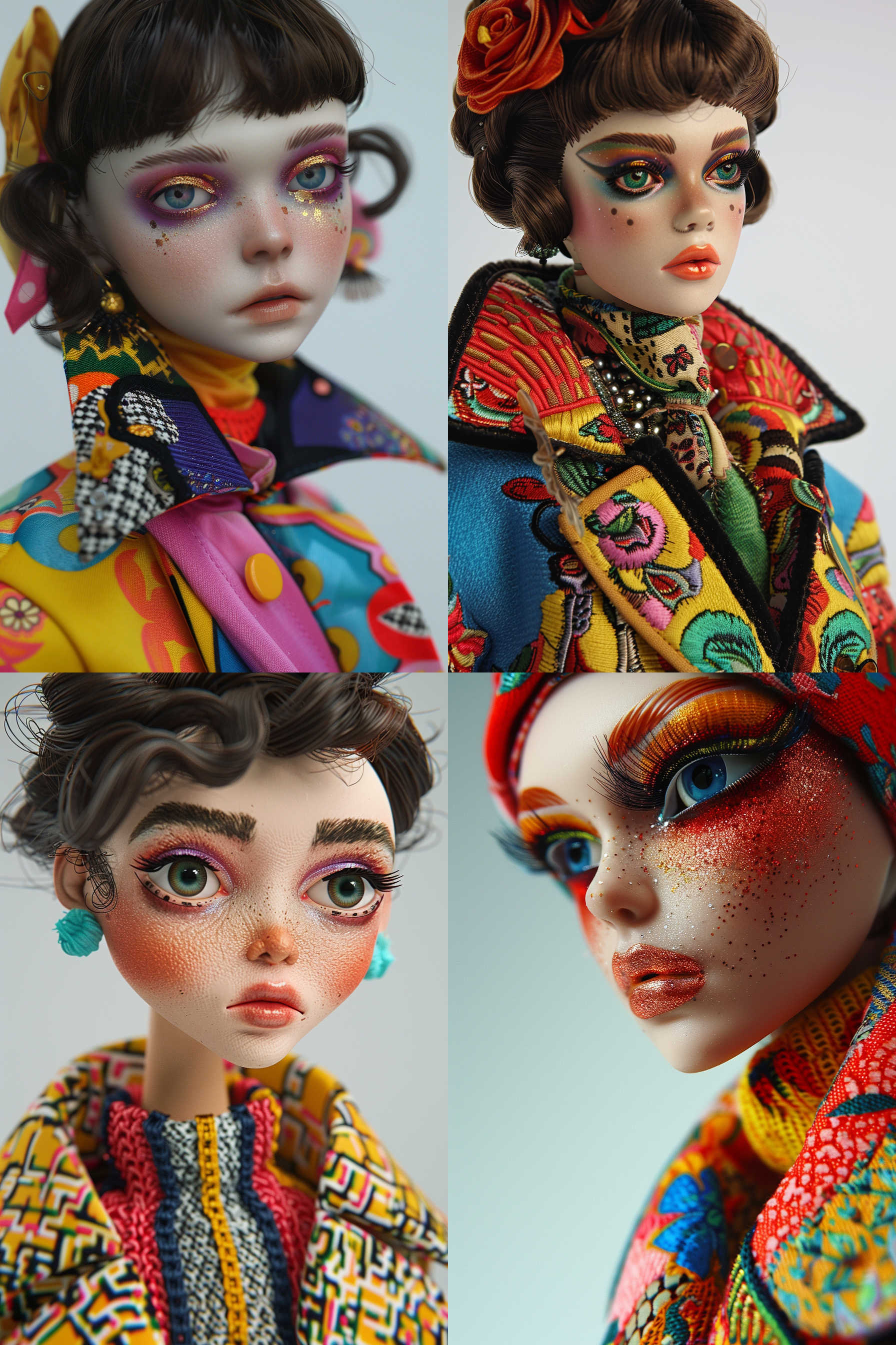 toy doll, half body close-up above knee level, beautiful eye makeup, three-dimensional facial fuatures, wearing gucci style clothing and accessories, colorful coat, 3d style, metallic texture, 3d icon clay rendering, avant-garde, futurism and classic charm, white background