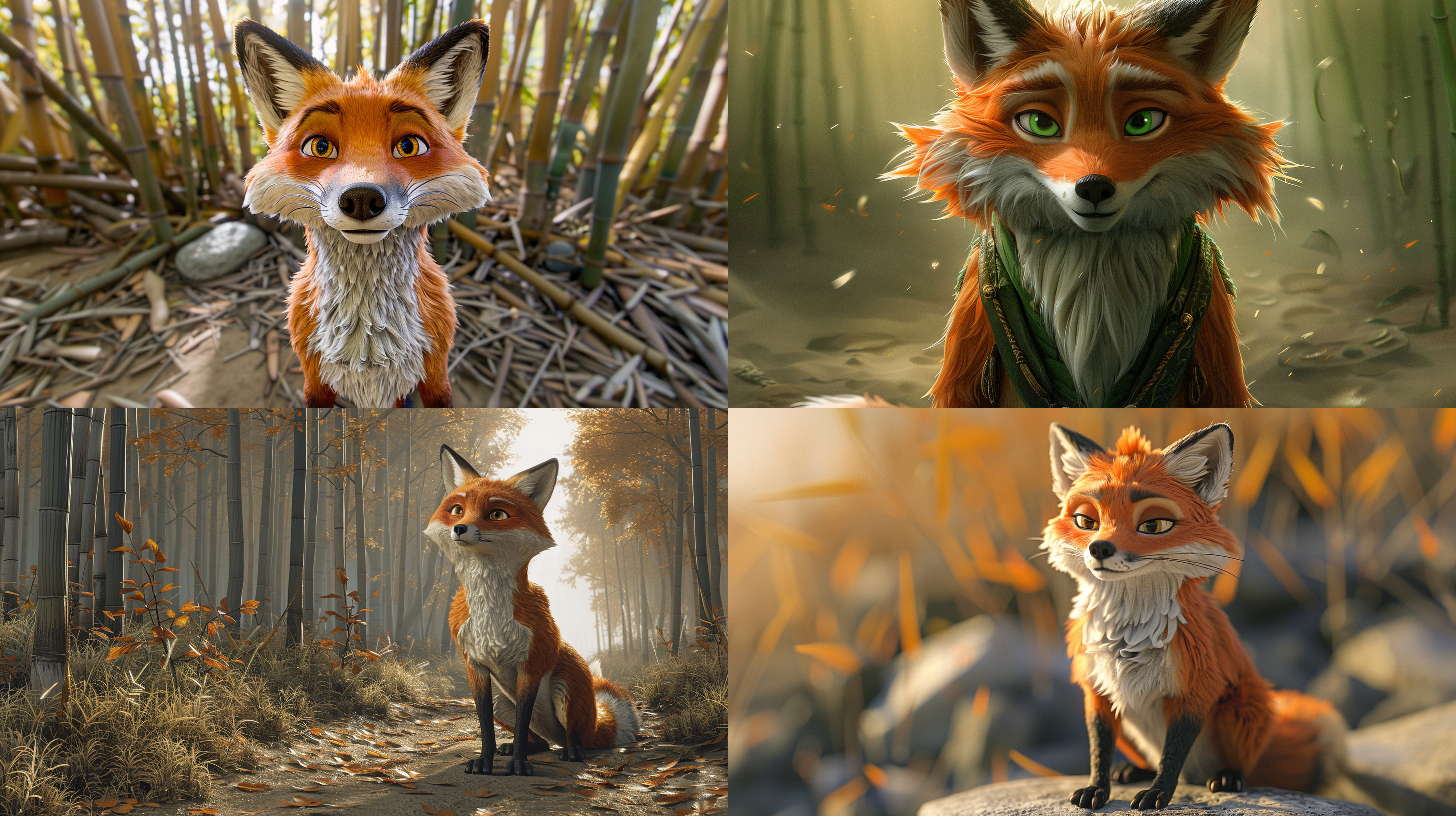 竹林中，狐狸，害怕了，点头哈腰，往后退，远景全身，3d。