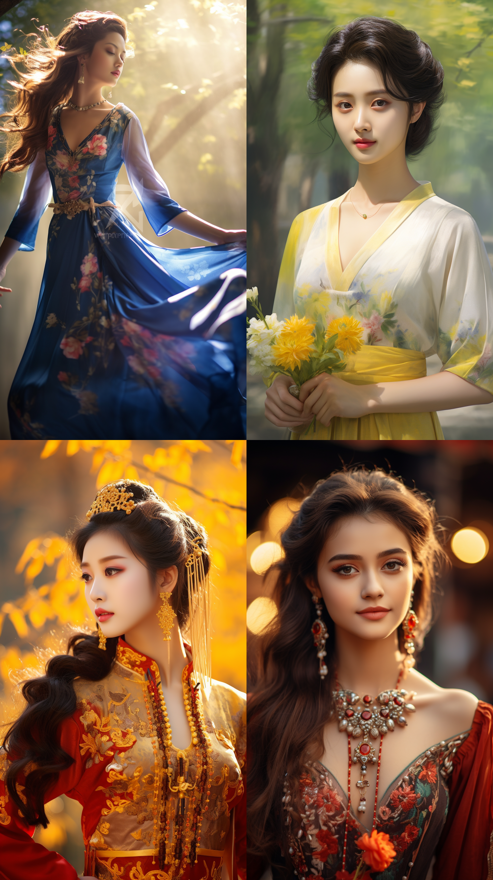室外拍摄，明亮色调，中国模特穿着古典服装，侧面肖像，柔和光线，中焦镜头，端庄表情，优雅动作，传统元素，油画效果，温暖情感