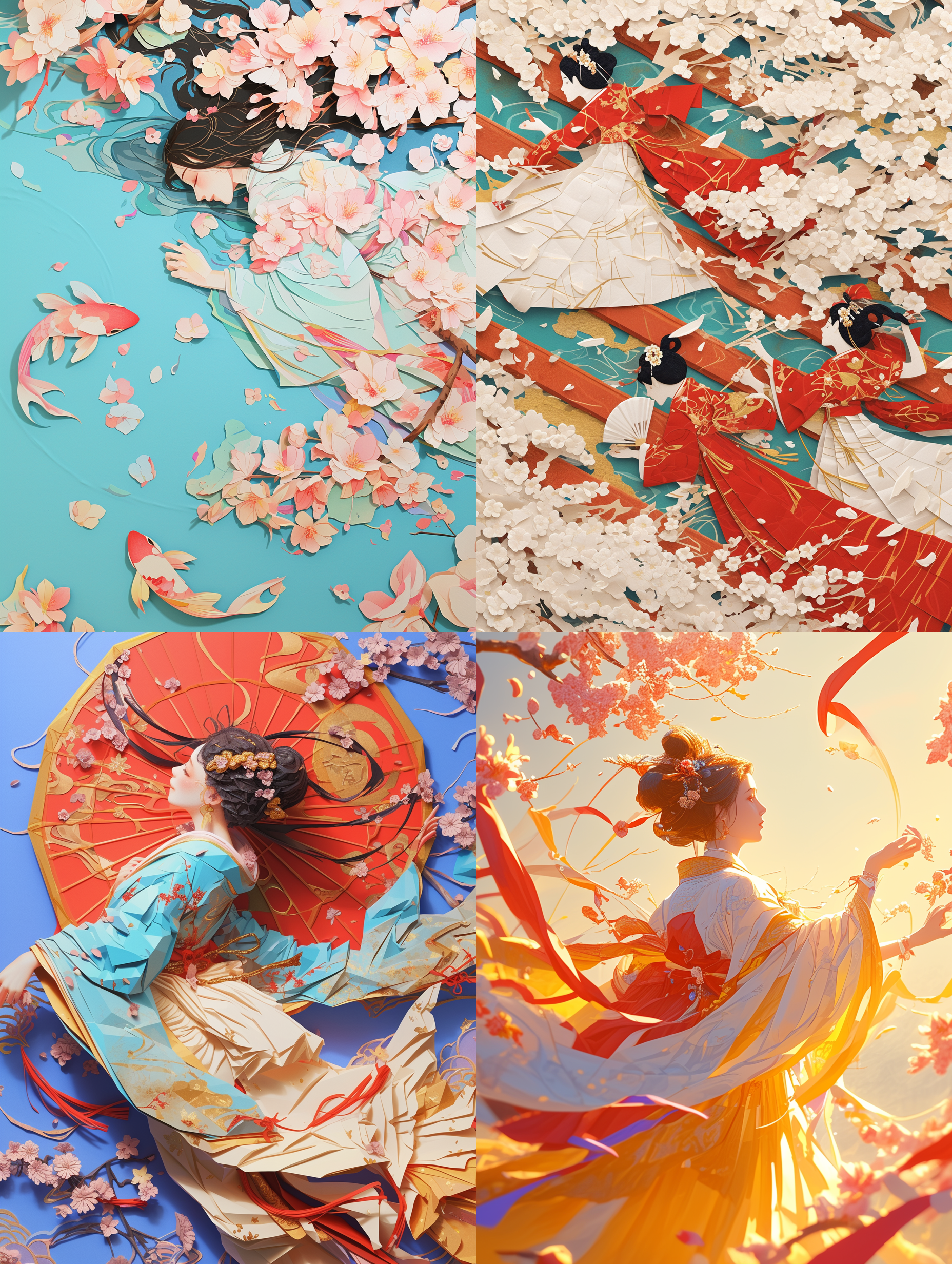 新海诚风格，立体纸张，纸艺，美女背影，奔向花海的美女，广角，仰视视角，樱花大道，丰富细节，自然表情，愉悦