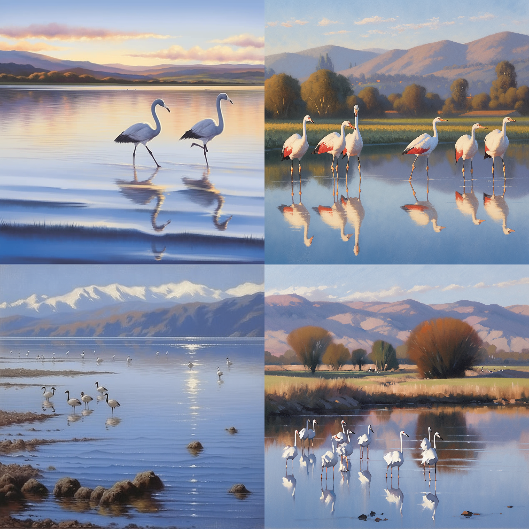 仙鹤翩翩起舞，展翅飞翔。在宽广的湖面上，阳光映照下，仙鹤优雅的身姿在水中倒影中袅袅而行。白色羽毛，长长的红色喙，黑色细长腿，仙鹤显得高贵典雅。风景如画，远处山峦起伏，天空湛蓝。和谐，自由，宁静，优雅，自然，壮丽，寂静，恬静，美丽，宏伟。