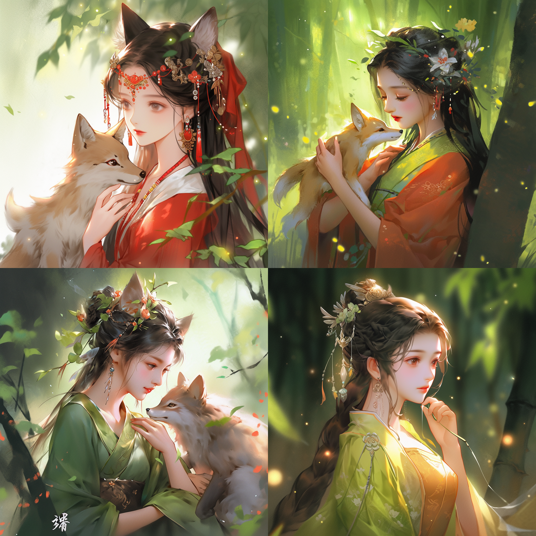 狐妖少女，狐妖，弯腰，竖中指，美少女，超级无敌漂亮，精美的耳饰和头饰，穿着汉服，黄绿色和红色，工笔画，中国传统风格，古典主义，流畅平滑的线条，背景树林，侧光，闪亮，光泽，闪亮有光泽，