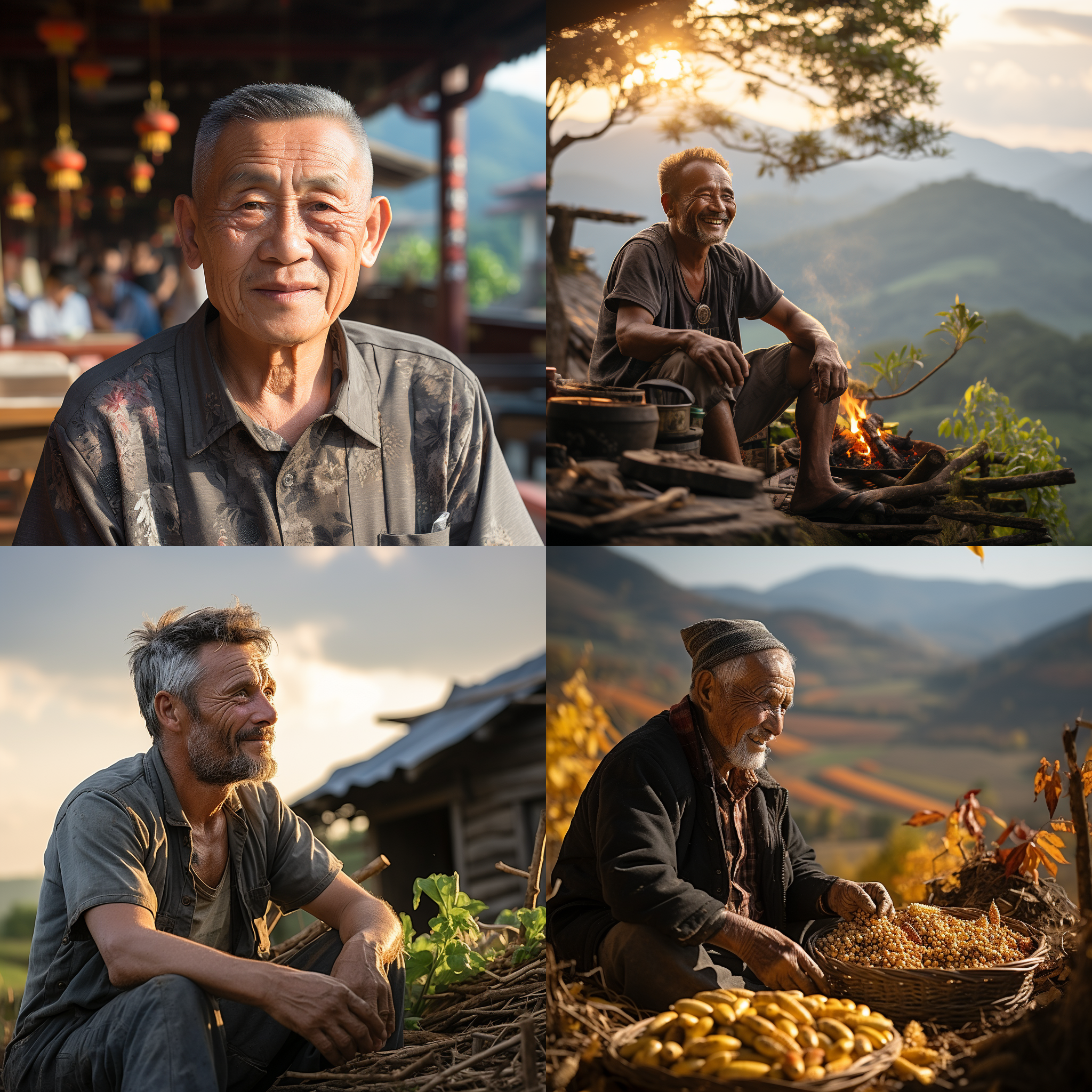 华人笑到老，夕阳下，自然风光，温暖色调，肖像模式，微笑，放松，幸福，长焦镜头，逆光拍摄，温馨情感。