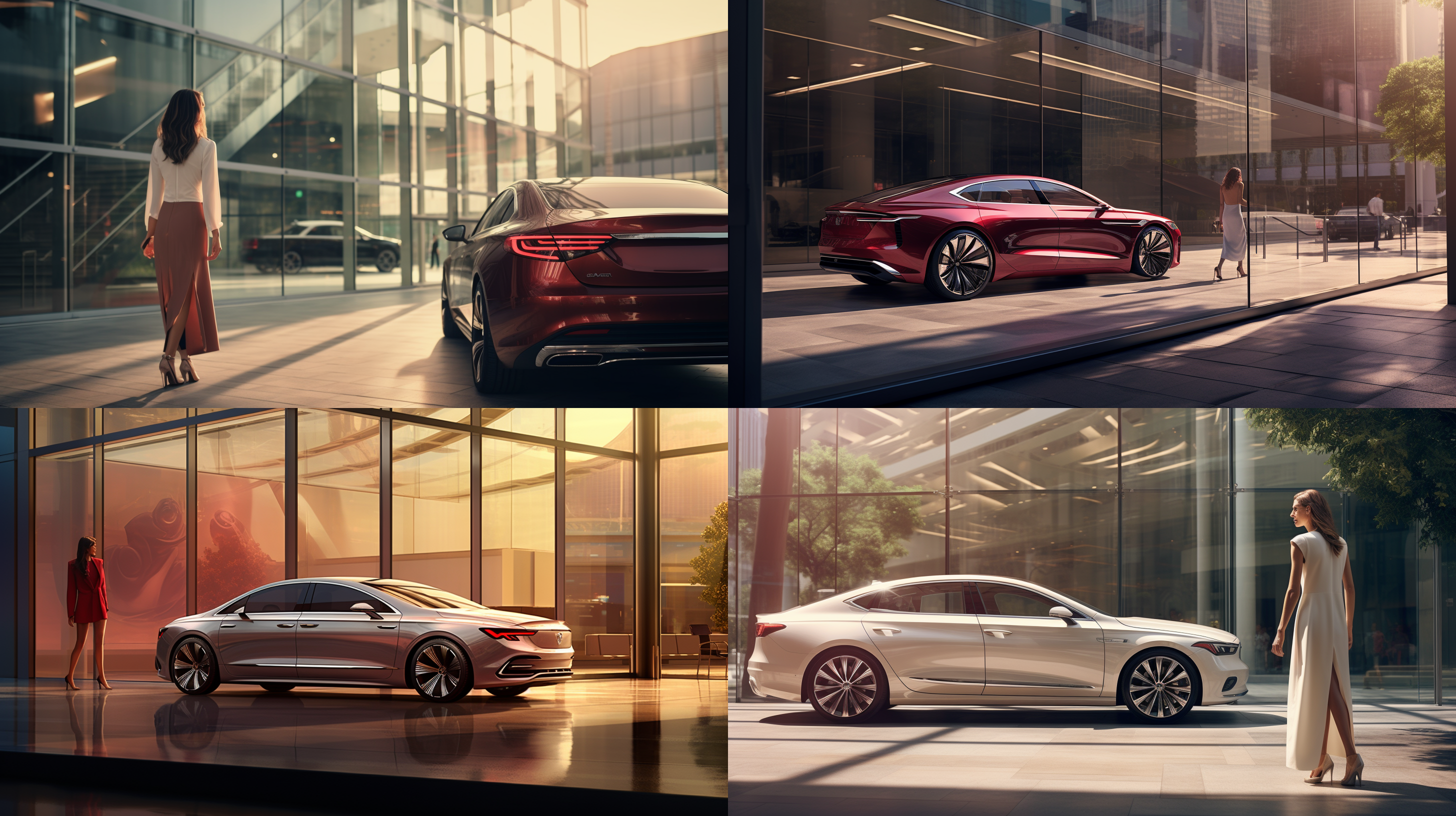 一辆新款别克君越轿车 枣红色 停在高档写字楼的玻璃幕墙前，前45度侧停 车旁站着一位身材苗条修长 白色礼服的女士 写实 明亮