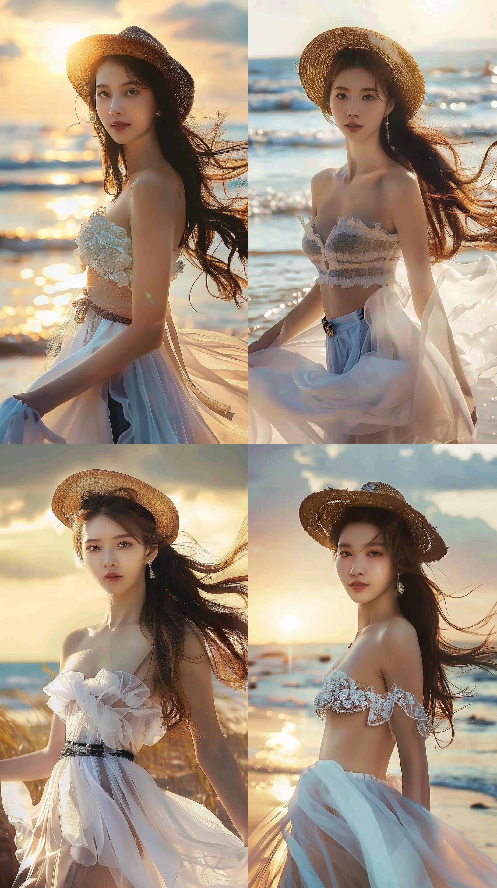 女孩海边散步，飘逸轻盈，白纱裙，微风吹拂，长发飘起，破损的草帽，艺术感，破洞，太阳，祥云，环境风光，长焦镜头，金色日落，背影，温暖情绪。温馨, 海滩, 背光, 柔和, 梦幻, 暖色调, 漫步, 轻盈, 自然, 风景。