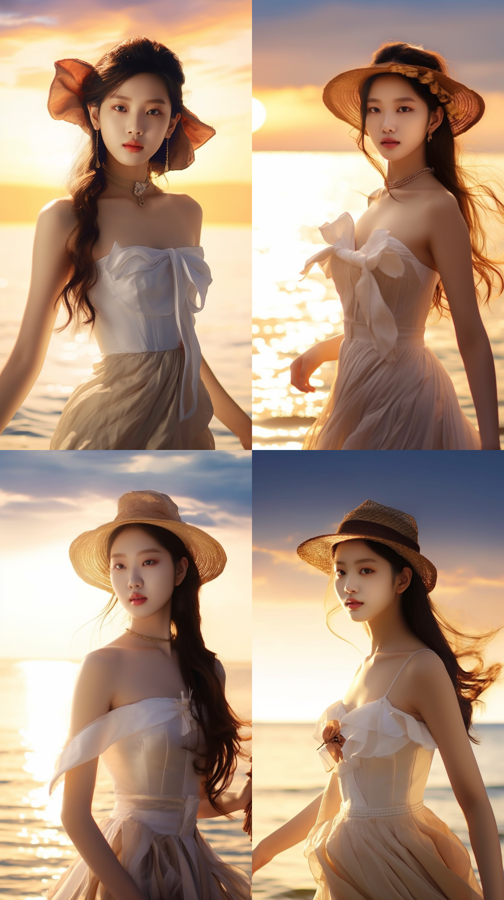 女孩海边散步，飘逸轻盈，白纱裙，微风吹拂，破损草帽，艺术感，破洞，太阳，祥云，环境风光，长焦镜头，金色日落，背影，温暖情绪。