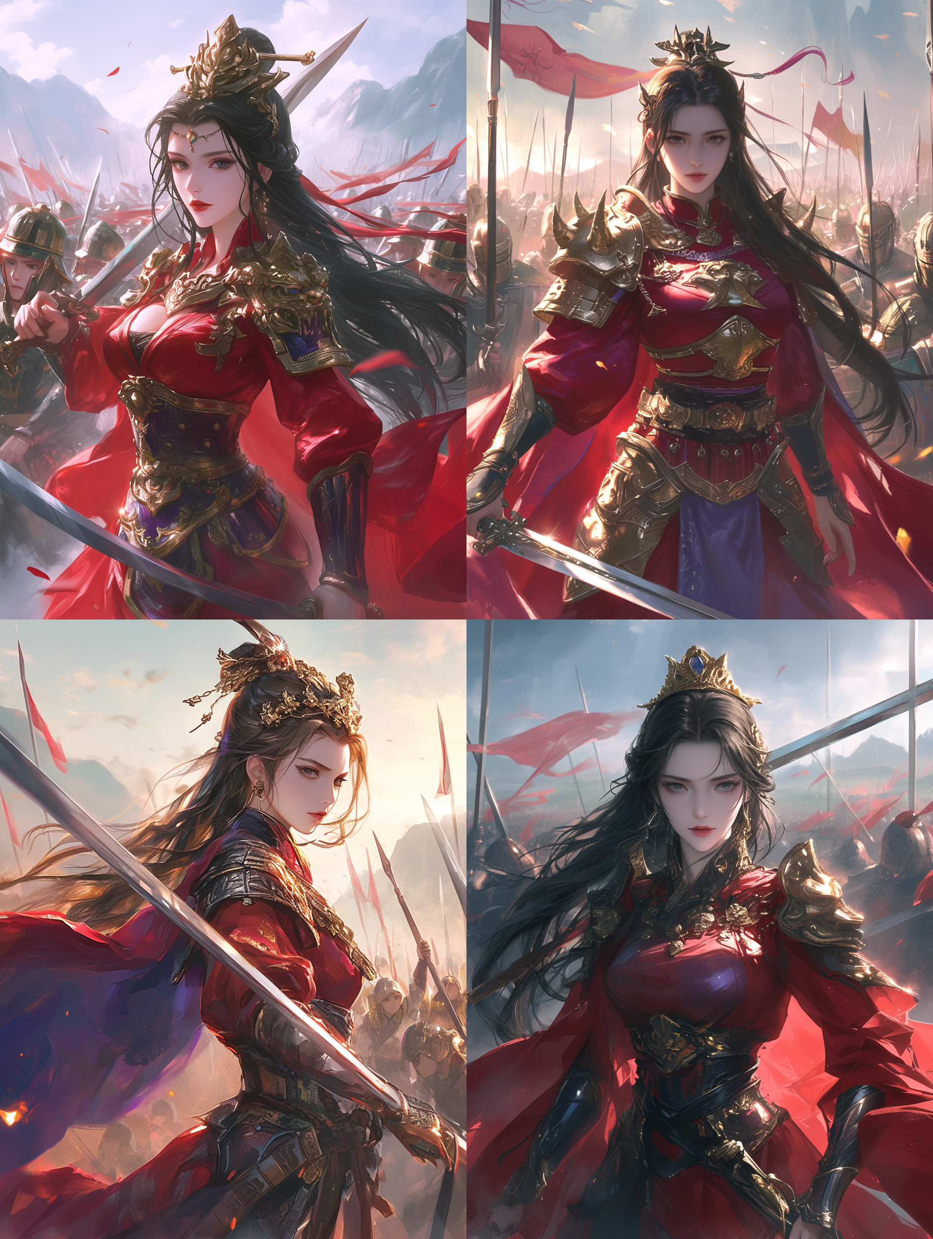 中国风长发美女，全身像，黑色眼睛，红色衣服，盔甲，金属感，手握着剑，周围都是身着盔甲的士兵正在战斗，头戴紫金冠，传统服饰，帅气，远山青翠，云雾缭绕，朦胧效果，暖色调，柔和光线，自然动作，自信微笑，带点水墨风，阳光透过树叶洒下，8k，超高清