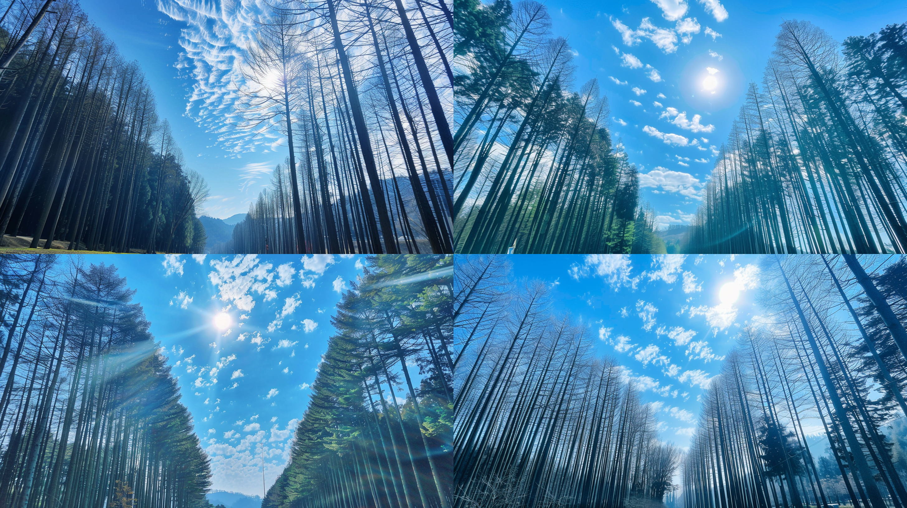 高耸入云的水杉，远处是洁白的雪山，蓝天