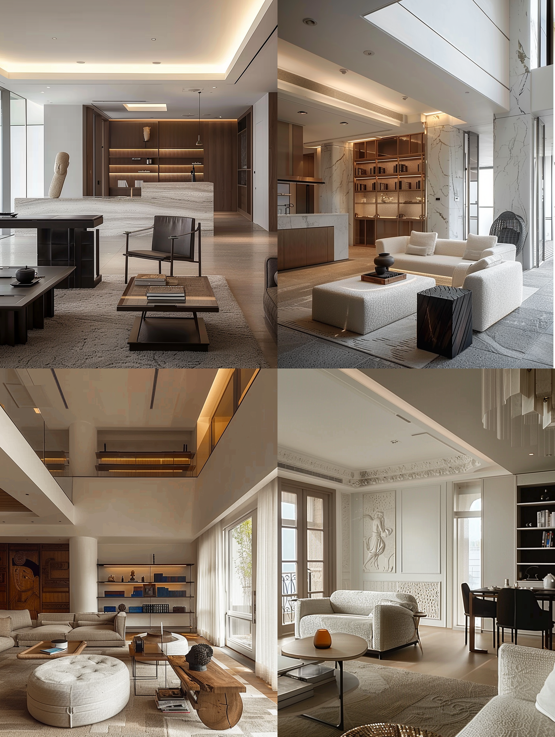 大客厅大平层，层高4米，大落地书柜，可以用绿色为点缀色，平衡对称，大别墅，大落地窗，法式或现代家具，复古现代装饰，空间浅色调，文化氛围，书籍摆放在书桌和茶几上，品味感，艺术风格，经典与时尚融合，当代时尚极简大宅设计，广角镜头，明亮的自然光，优雅，浪漫、安静、高级