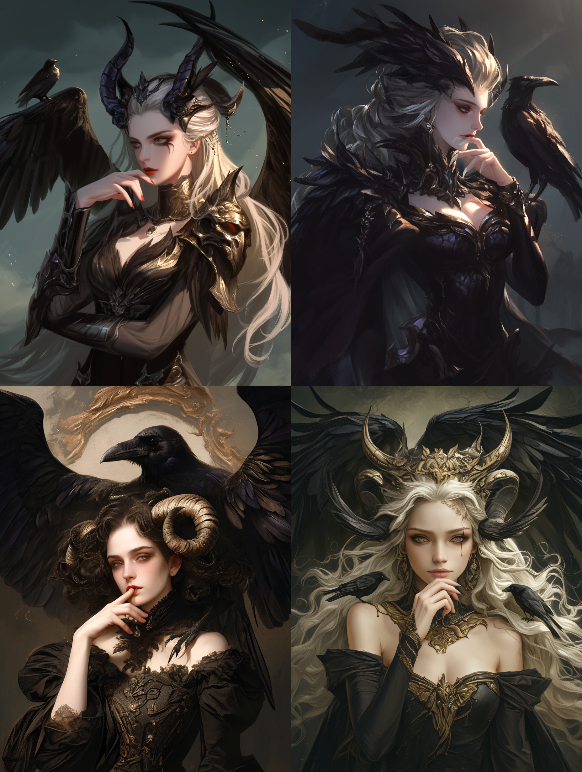 一女子身穿华丽的无袖黑色衣服，一手托着下巴，化着精致的妆容，头上有长长的白色波浪，背上有一对巨大的黑色翅膀，头上有一对黑色的角，有乌鸦站在肩膀上，中世纪的黑暗，蒸汽波，对比色，超高清细节，