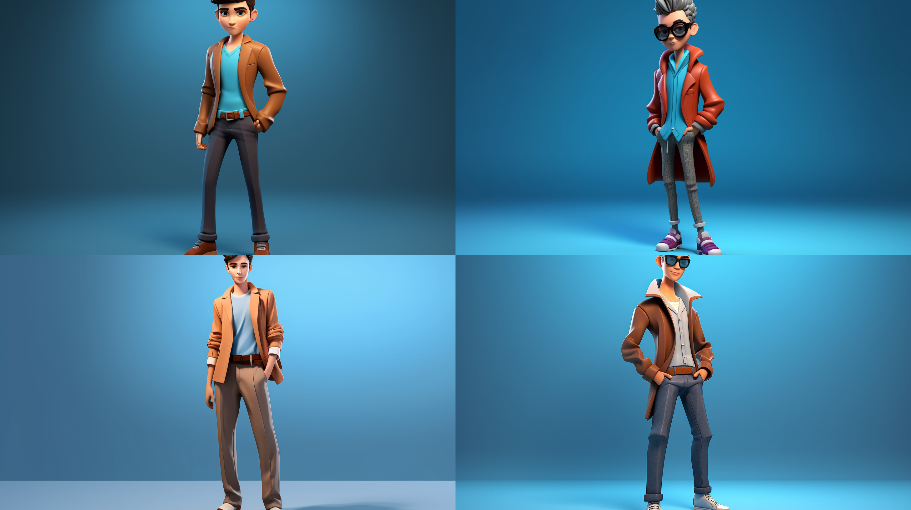 卡通 3d 男孩 时尚模服装，简约蓝色背景，全身照，高清晰度，明亮灯光，微笑表情，流畅姿势，时尚设计，多彩色调，专业化妆，摄影棚，中焦镜头，优雅风格。 巴宝莉服装风格
