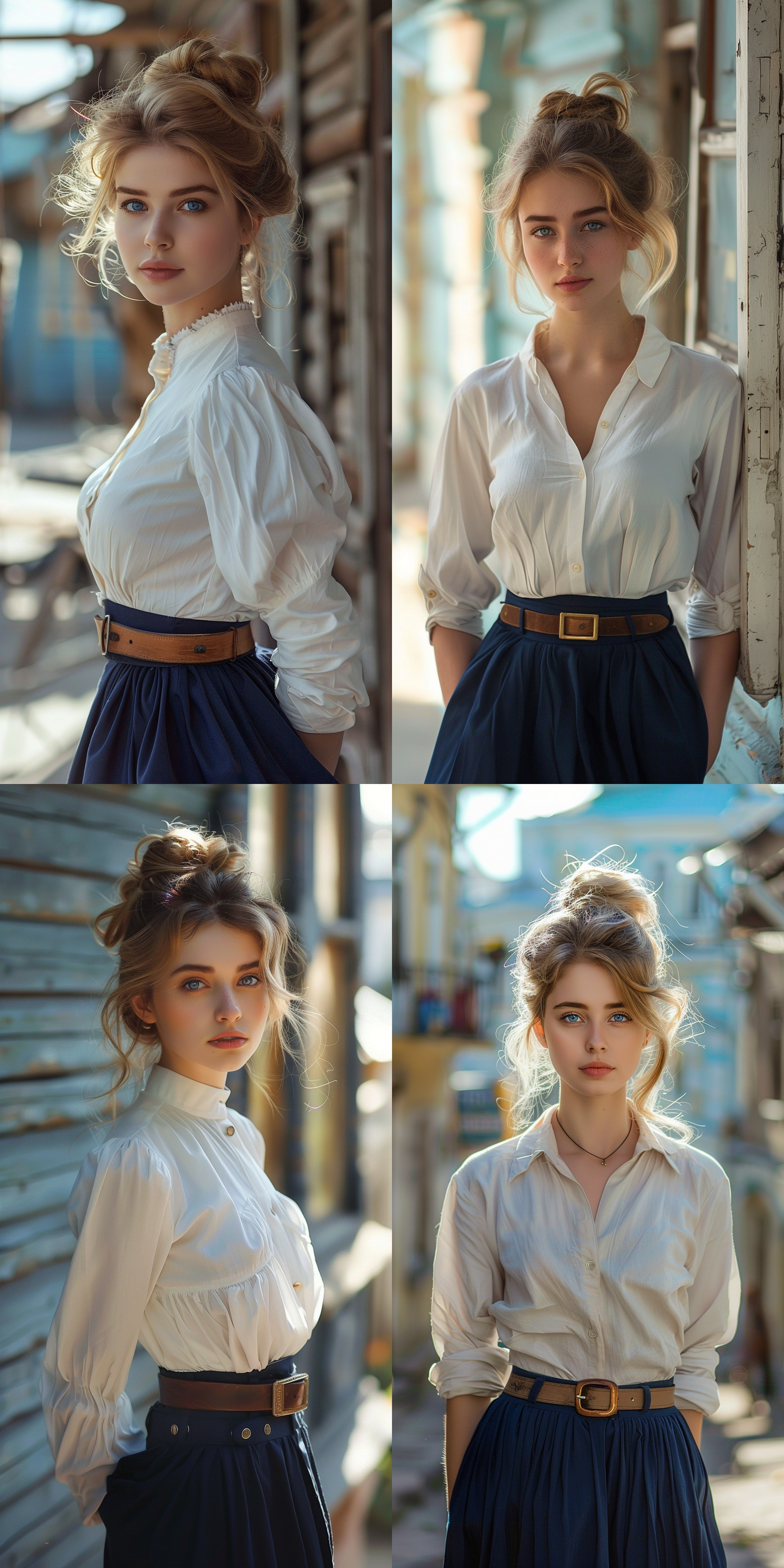 俄罗斯女青年，蓝色眼睛，金发，单发髻，白色衬衫，皮革腰带，藏蓝色裙子，站立，全身，沙俄时代的街道 并列构图 七分身 晨光