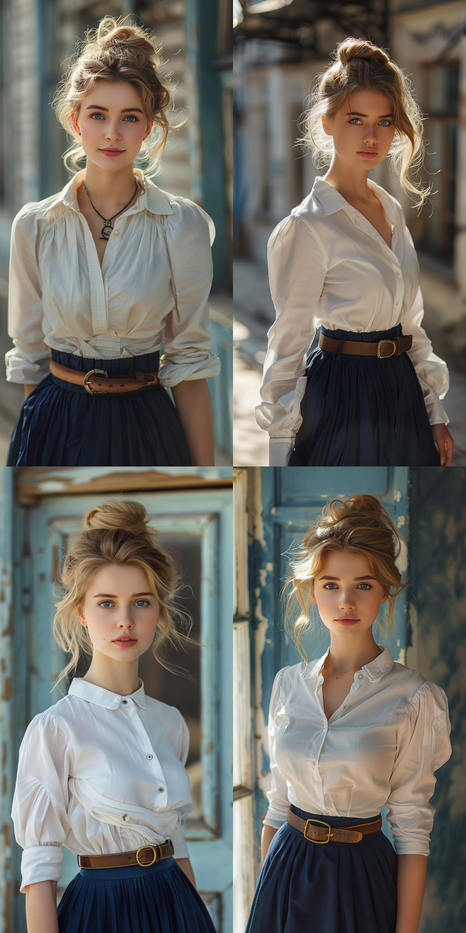 俄罗斯女青年，蓝色眼睛，金发，单发髻，白色衬衫，皮革腰带，藏蓝色裙子，站立，全身，沙俄时代的街道 并列构图 七分身 晨光