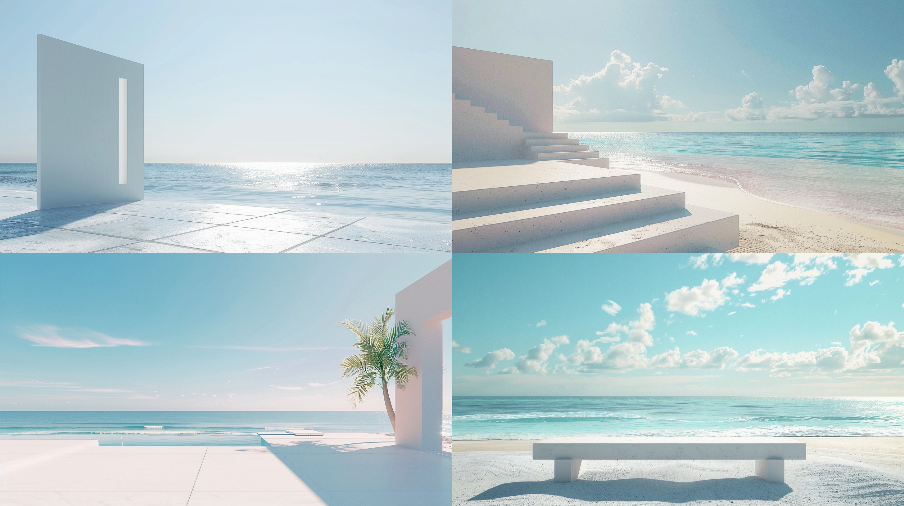 led: : 8干净色块画面，有设计感，留白多一些，室外海边沙滩图，底角度镜头，有文字介绍，真实比例 极简主义 oc渲染器