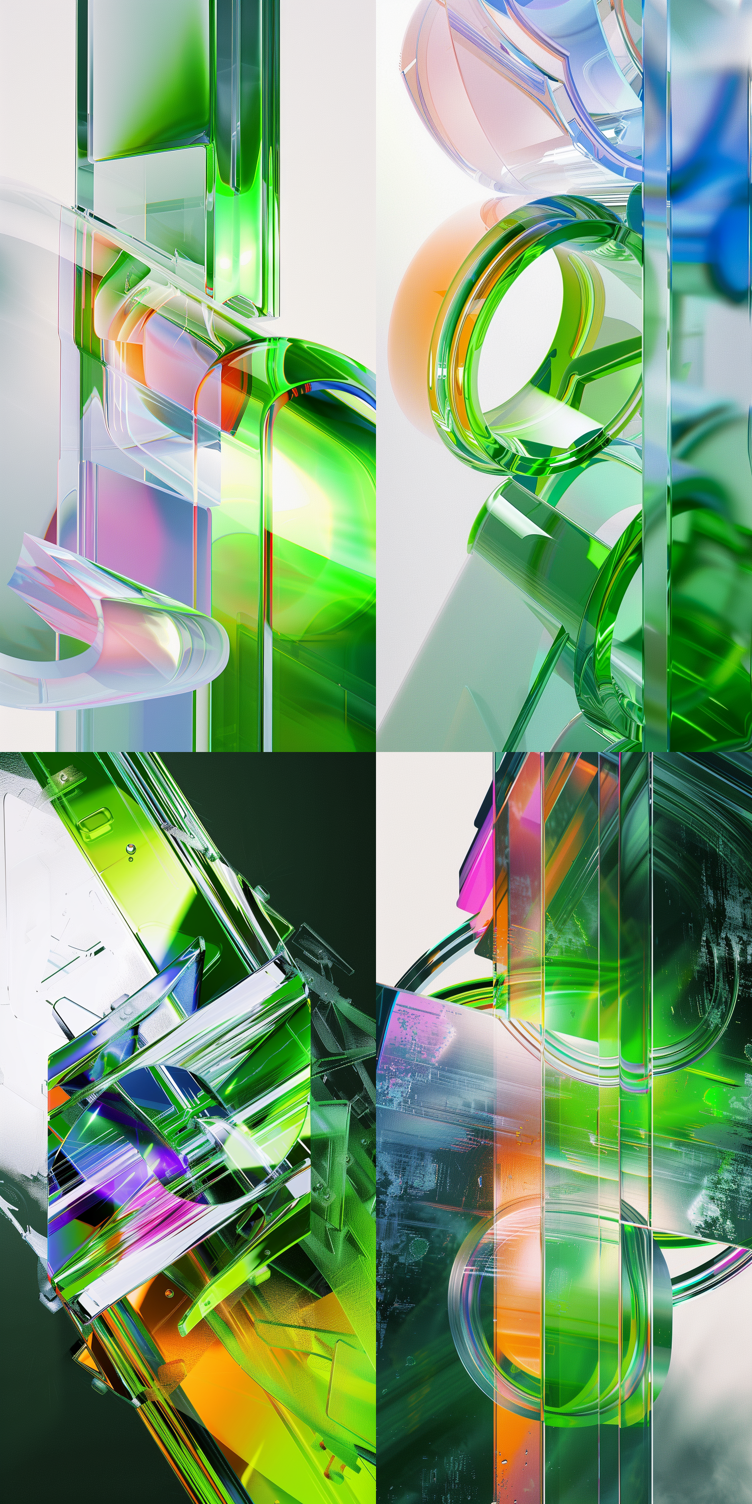 亚克力透明空间，艺术几何构图，潮流时尚风格，3d高清质感，多色彩，抽象元素，现代灯光，静态姿势，冷色调，现代感。