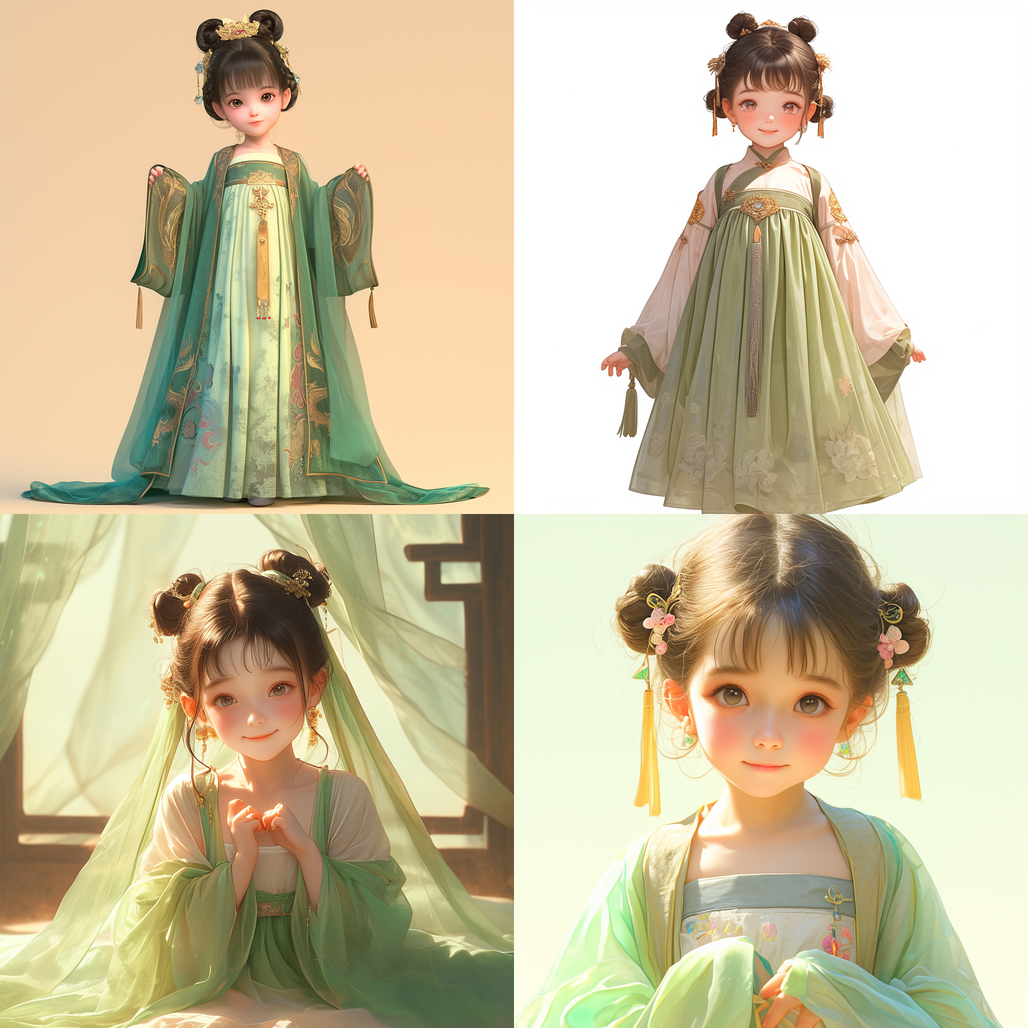 唐代夏季服装的小女孩穿着浅绿色纱裙，面带微笑，栩栩如生的角色设计，中国画风格，可爱，端庄迷人，古典风格，表情丰富，愤怒，哭泣，惊讶，8k分辨率，180度视角，可爱风格，5级虚拟形象增强，3:4宽高比。