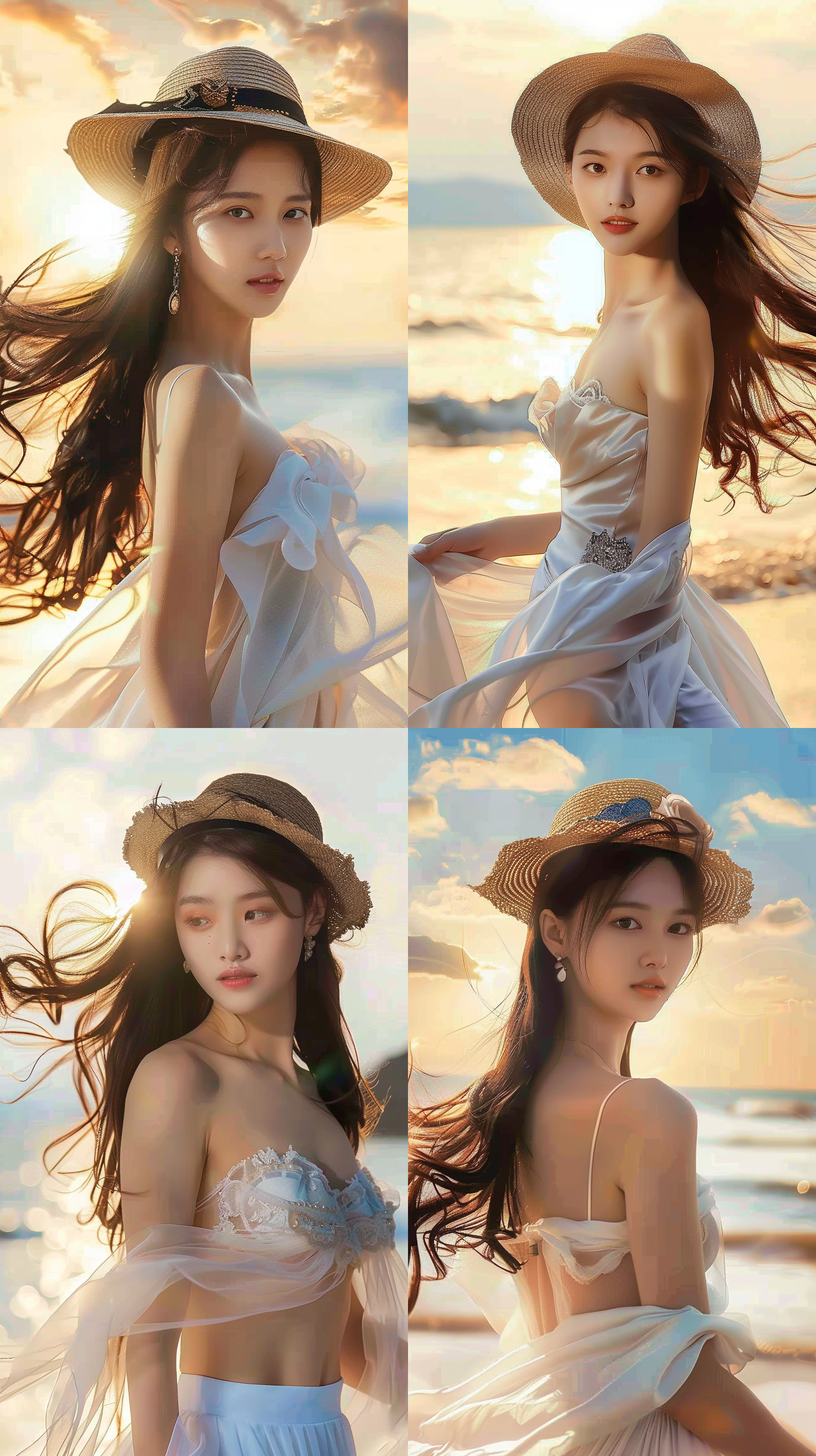 女孩海边散步，飘逸轻盈，白纱裙，微风吹拂，长发飘起，破损的草帽，艺术感，破洞，太阳，祥云，环境风光，长焦镜头，金色日落，背影，温暖情绪。