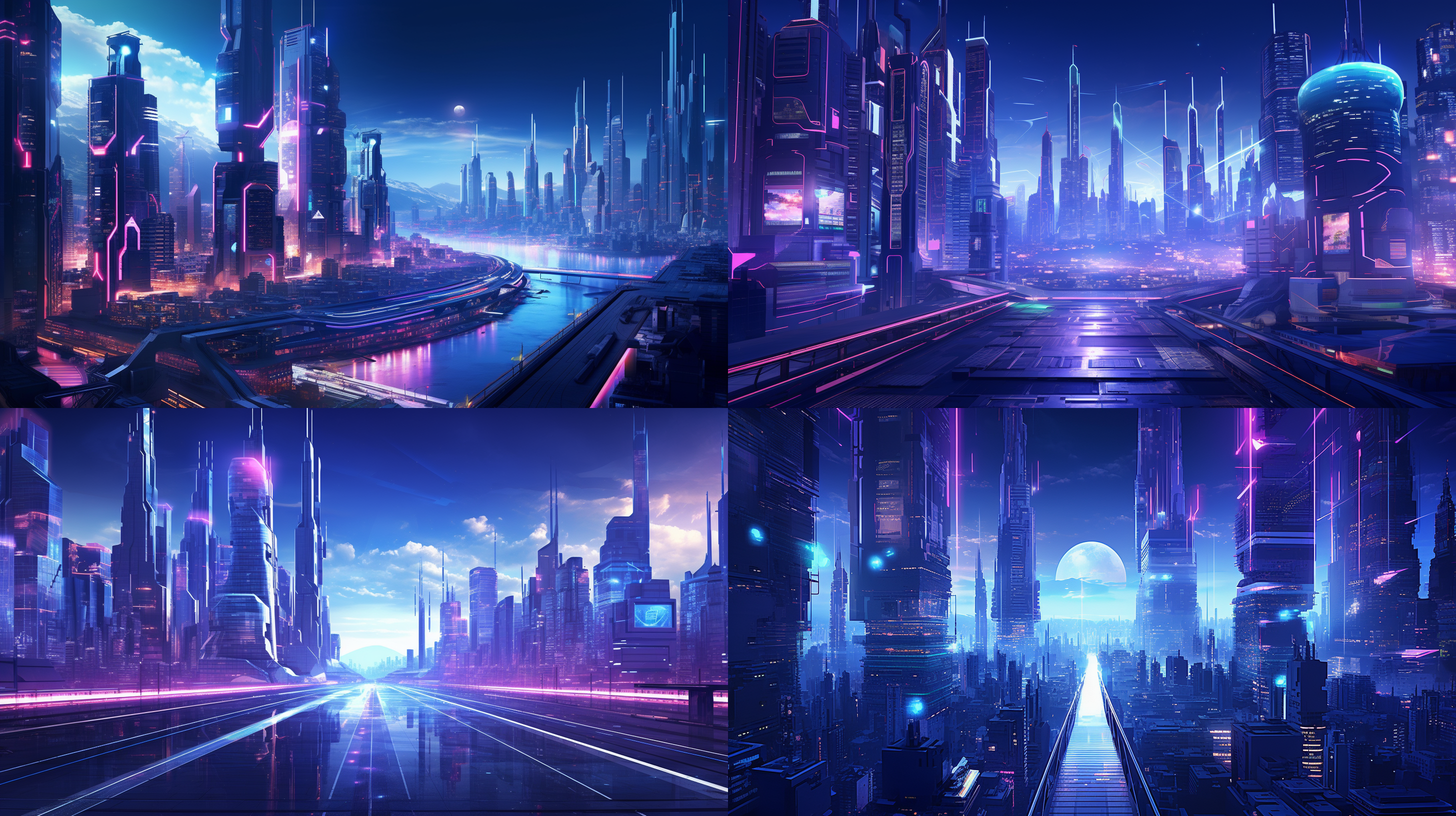 赛博朋克风格城市夜景，霓虹灯光映照高楼大厦，机械臂舞动，机器人巡逻，未来主义服装，蓝紫色调，宽广角度，透视构图，冷色调，未来科技感。