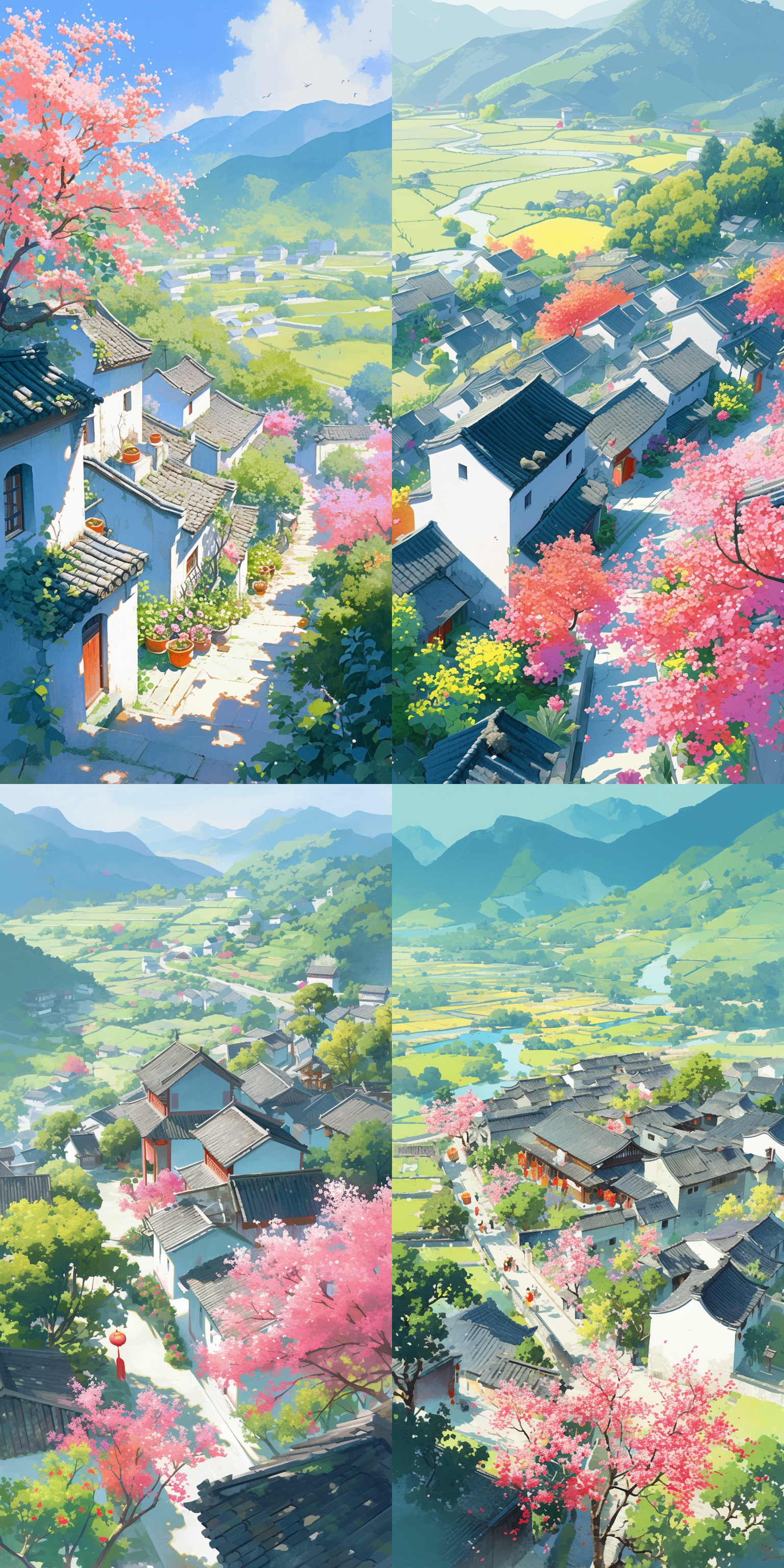 地点中国，朦胧青山，公路旁边的村庄，白色的墙壁的方形别墅，房子周围被鲜花包围、路边种满了果树。明亮，鲜艳，点缀，花瓣，通透感 动画艺术 吉卜力 水墨插画 油画 照片写实 鸟瞰