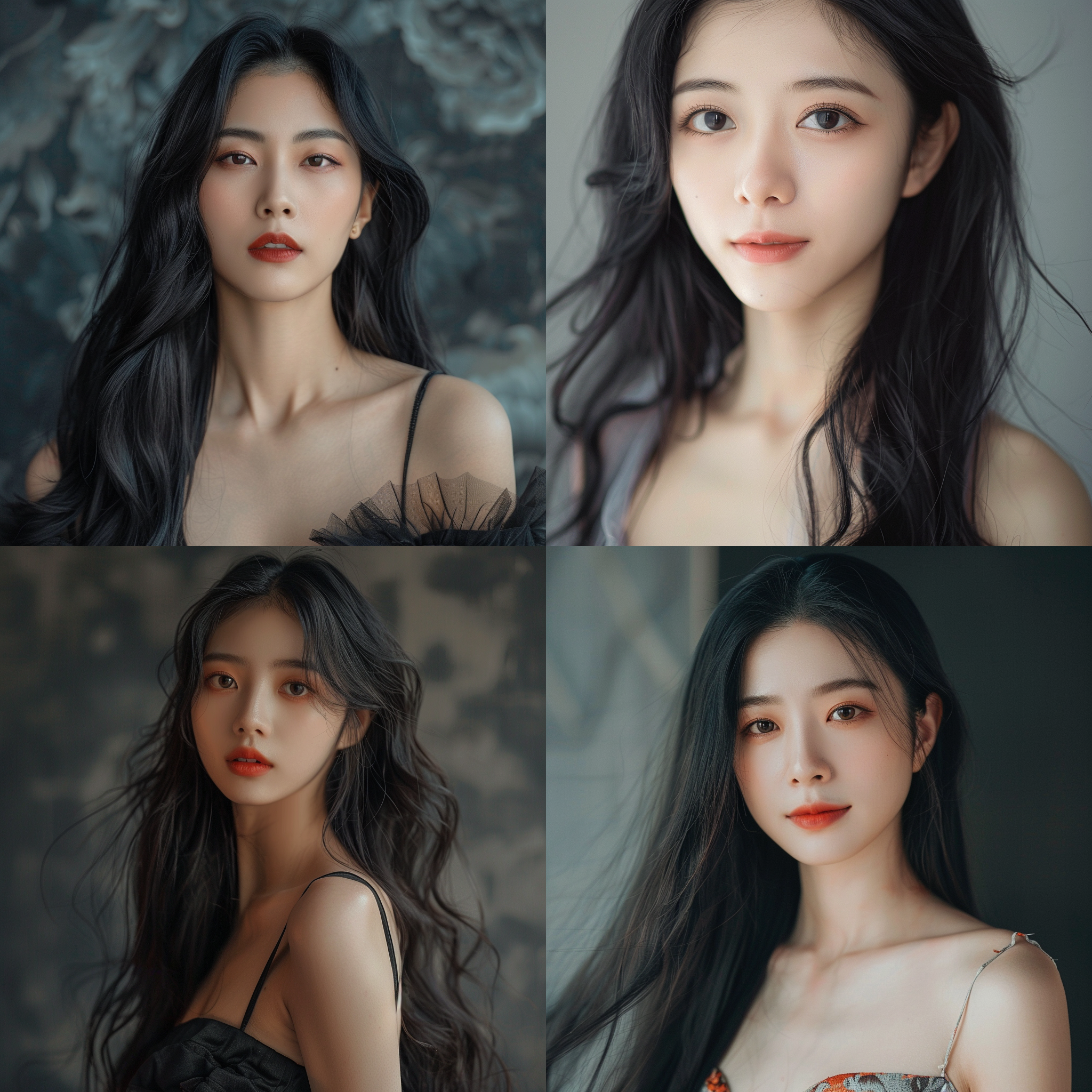 a makeup photo of a beautiful chinese young lady, has long black hair that cascades down her back in loose waves. her skin is clear and smooth, and she has a delicate heart-shaped face with full lips and large almond-shaped eyes. she is wearing a fashionable modern dress that is stylish and elegant, with a fitted bodice that flares out into a flowing skirt