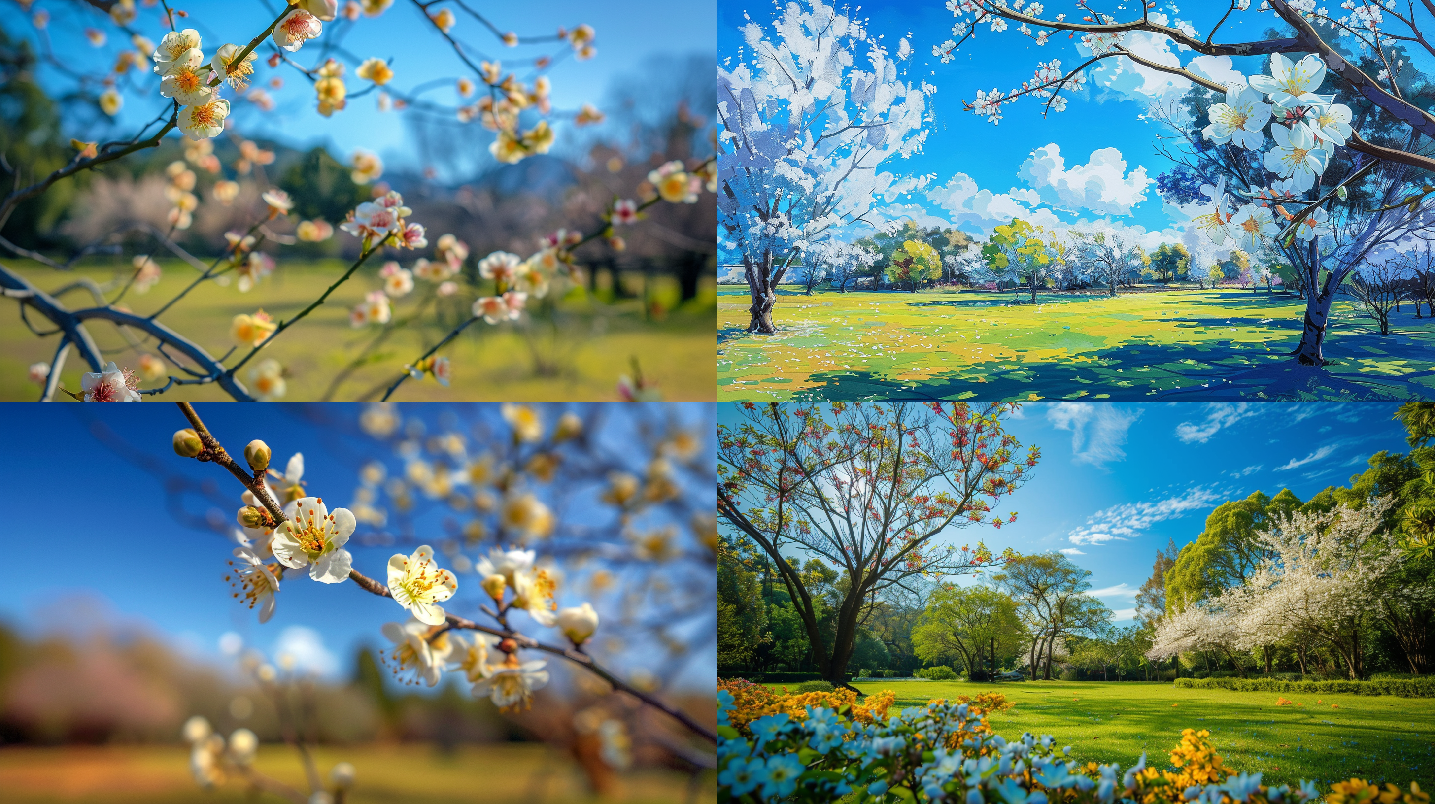 盛开在蓝天下的澳洲腊梅花，蓝色和黄色花朵，草坪延伸到远方。