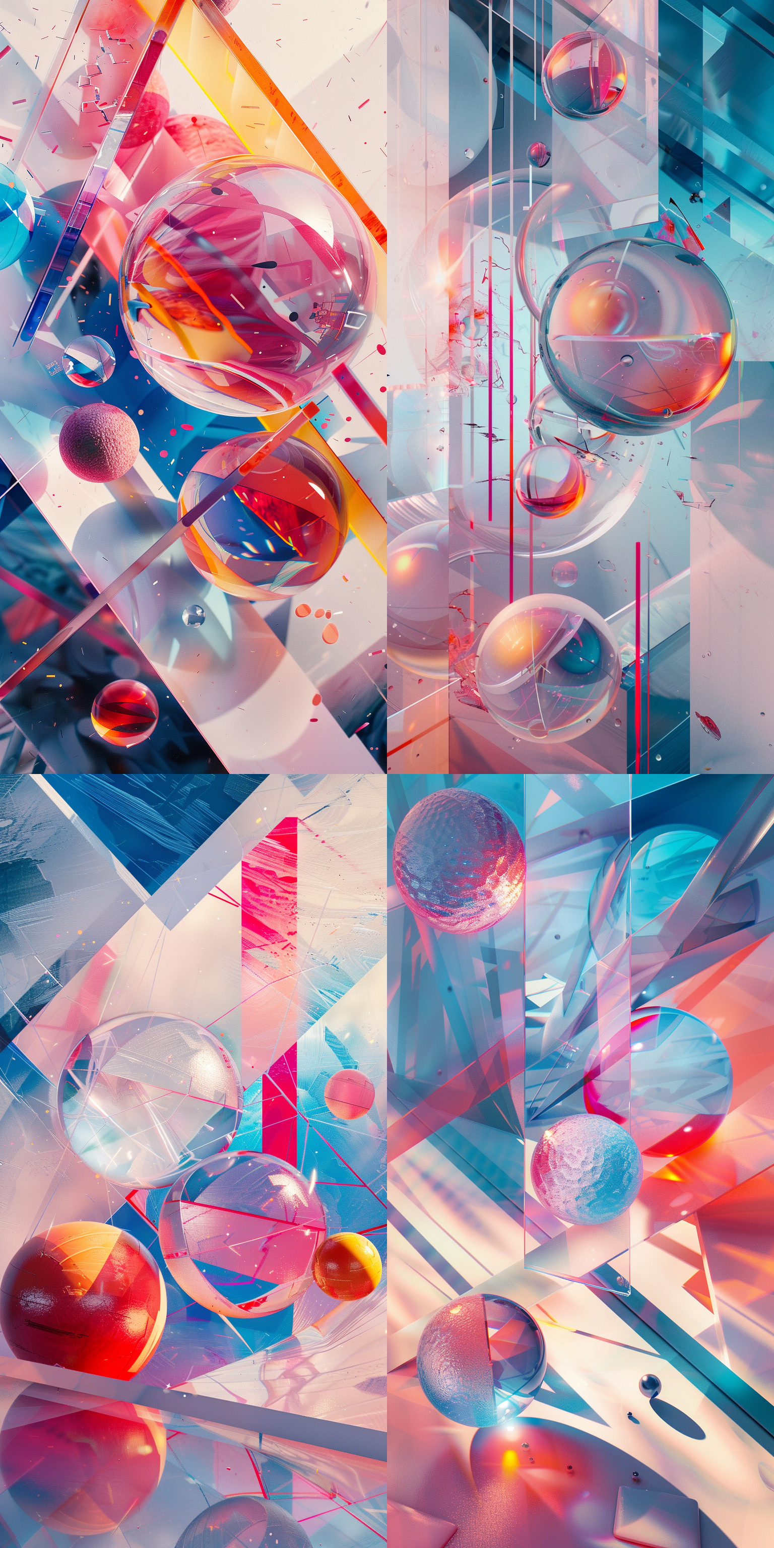 亚克力透明空间，艺术几何构图，潮流时尚风格，3d高清质感，多色彩，抽象元素，现代灯光，静态姿势，冷色调，现代感。