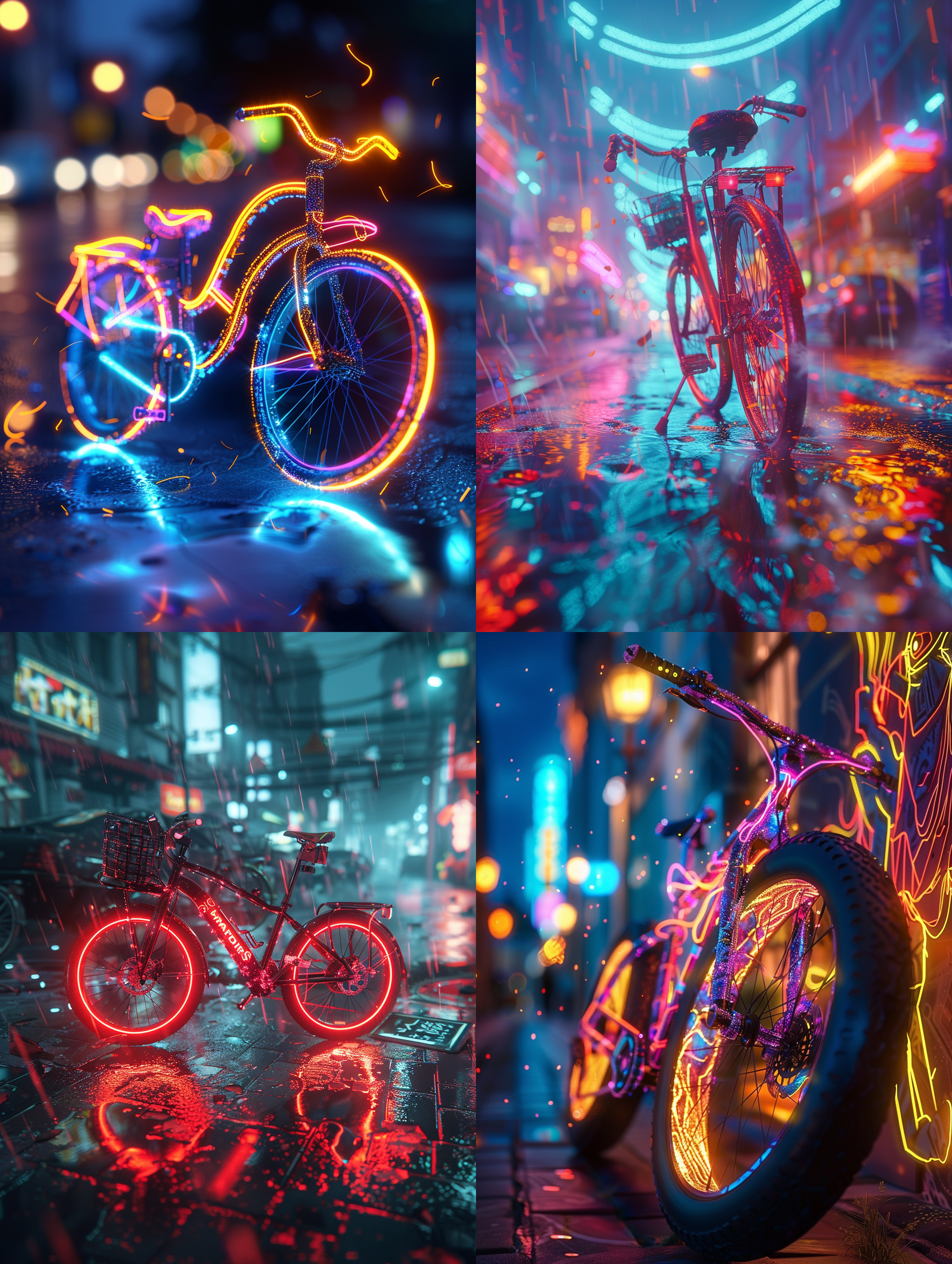 自行车冲过虚幻引擎创造的3d粒子特效，逼真环境，光影交错，高清晰度，动感视角，霓虹色彩，速度感，创新设计。