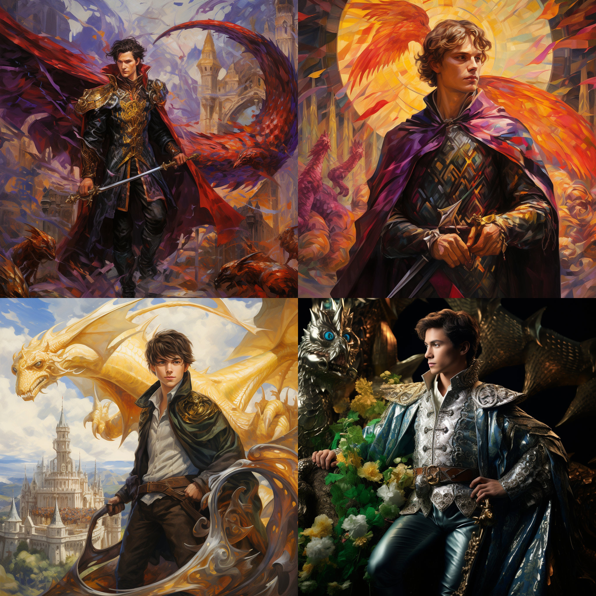 大气磅礴的景象，明暗对比强烈，少年身着骑士装束，表情坚毅。银色龙鳞闪烁，龙翼展开，飞行中的动态感十足。高光细节丰富，色彩饱满，带给人一种神秘而震撼的感觉。风吹动衣袍，少年手握缰绳，彰显勇敢与力量。冒险，奇幻，自由，壮丽。