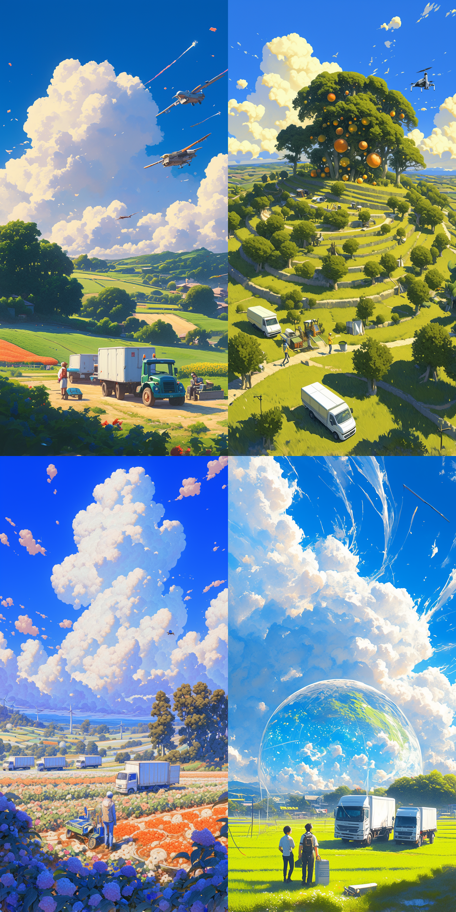 果树林，灯光穹顶，蓝天白云，两架小型无人机，农民，现代化设备，等待装货的白色卡车。鲜艳，明亮，点缀，花瓣，通透感， 动画艺术 吉卜力 水墨插画 照片写实 油画