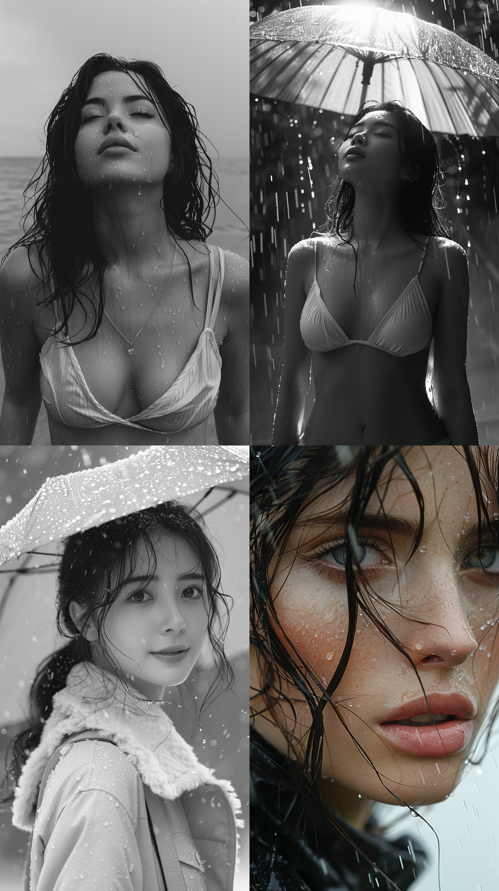 美女被雨淋，独自站在雨中，披着长发，湿透的衣服，眼神坚定。柔焦，黑白风格，大光圈，逆光，微笑，自信，冷色调。