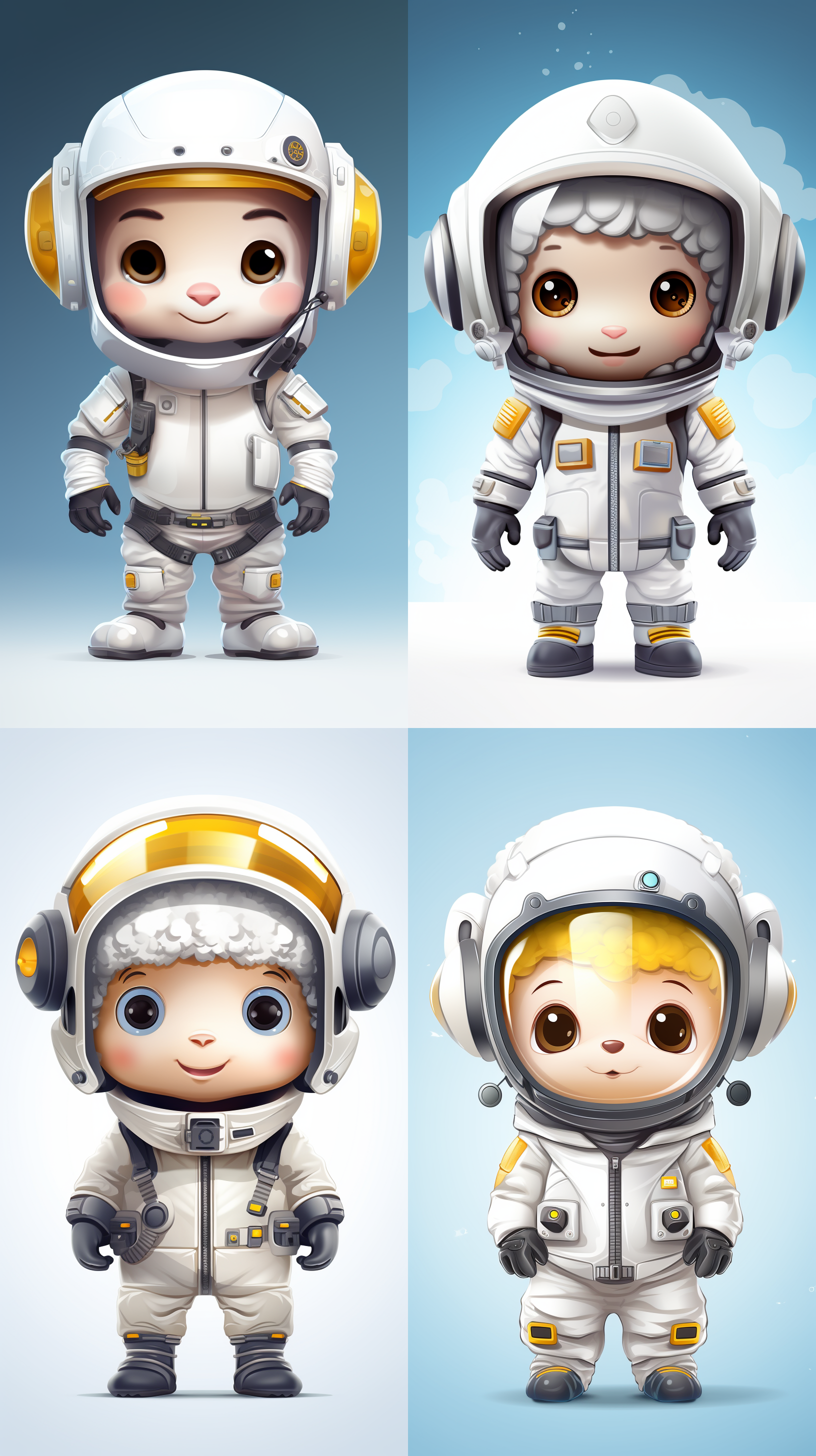 白色机器小羊卡通ip，半身贴纸，科技感白色宇航员玻璃帽子，白底背景，矢量图风格，呆萌可爱，8k画质，色彩生动，活力四射，明暗对比强烈，扁平化设计，表情丰富，背景干净，超高清8k，16:9纵横比。