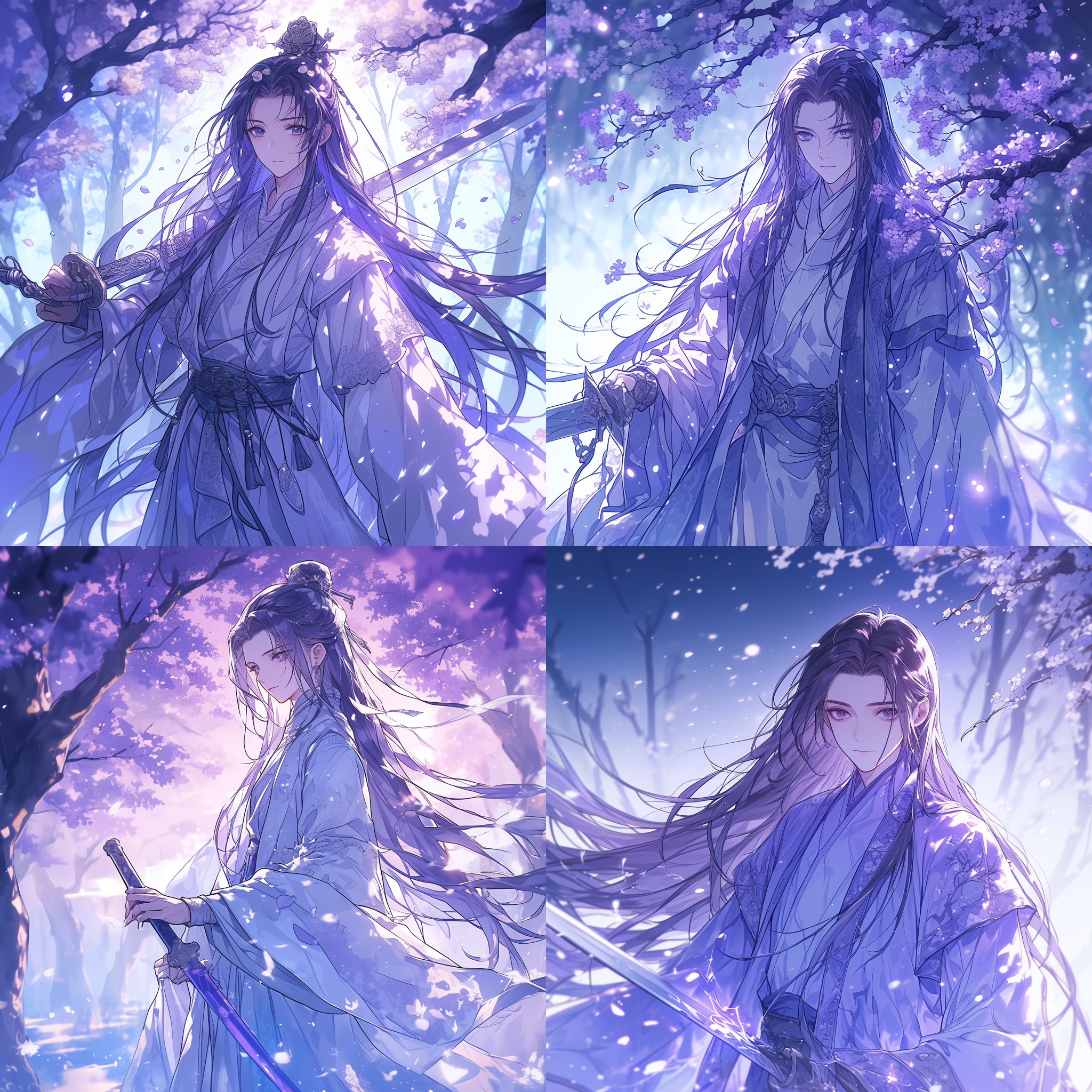 晴天白云，低角度仰拍，暗调，桃花林，冷色调，长曝光，广角镜头，侧光，震撼，动态模糊，紧张氛围。中国古代帅哥，全身照，发光的剑，紫红色闪电，白色长袍，长飞发，干净脸庞，3d渲染，真实光影，精致细节，插图海报，颜色校正。
