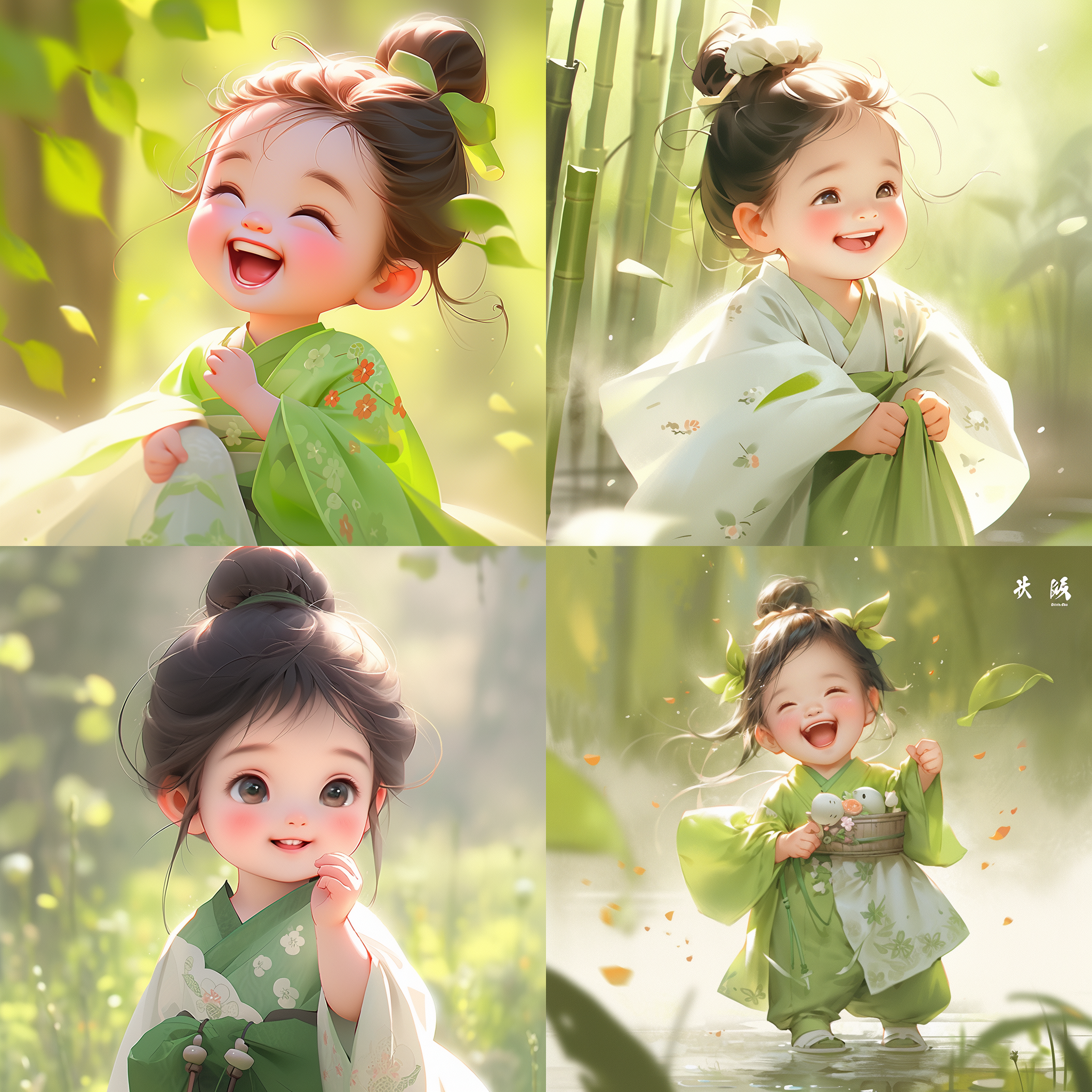 穿着淡绿色纱裙的唐代中国小女孩，夏日服饰，微笑面容，生动角色设计，国画风格，可爱、端庄魅力，古典风格，表情包，愤怒、哭泣、惊讶，8k，对角线布局，高对比度，花园内，暖色调，中焦镜头，侧光，静态，可爱。