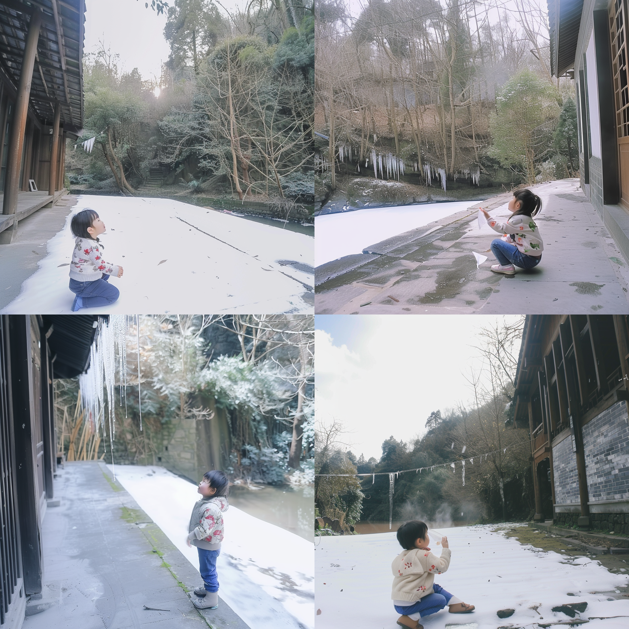 小女孩踏雪，中景长焦，大雪纷飞，冷色调，屋顶积雪，房屋倒挂冰凌，对角线构图，侧逆光，3d效果，花棉衣，蓝色棉裤，表情专注。, 摄影纪实