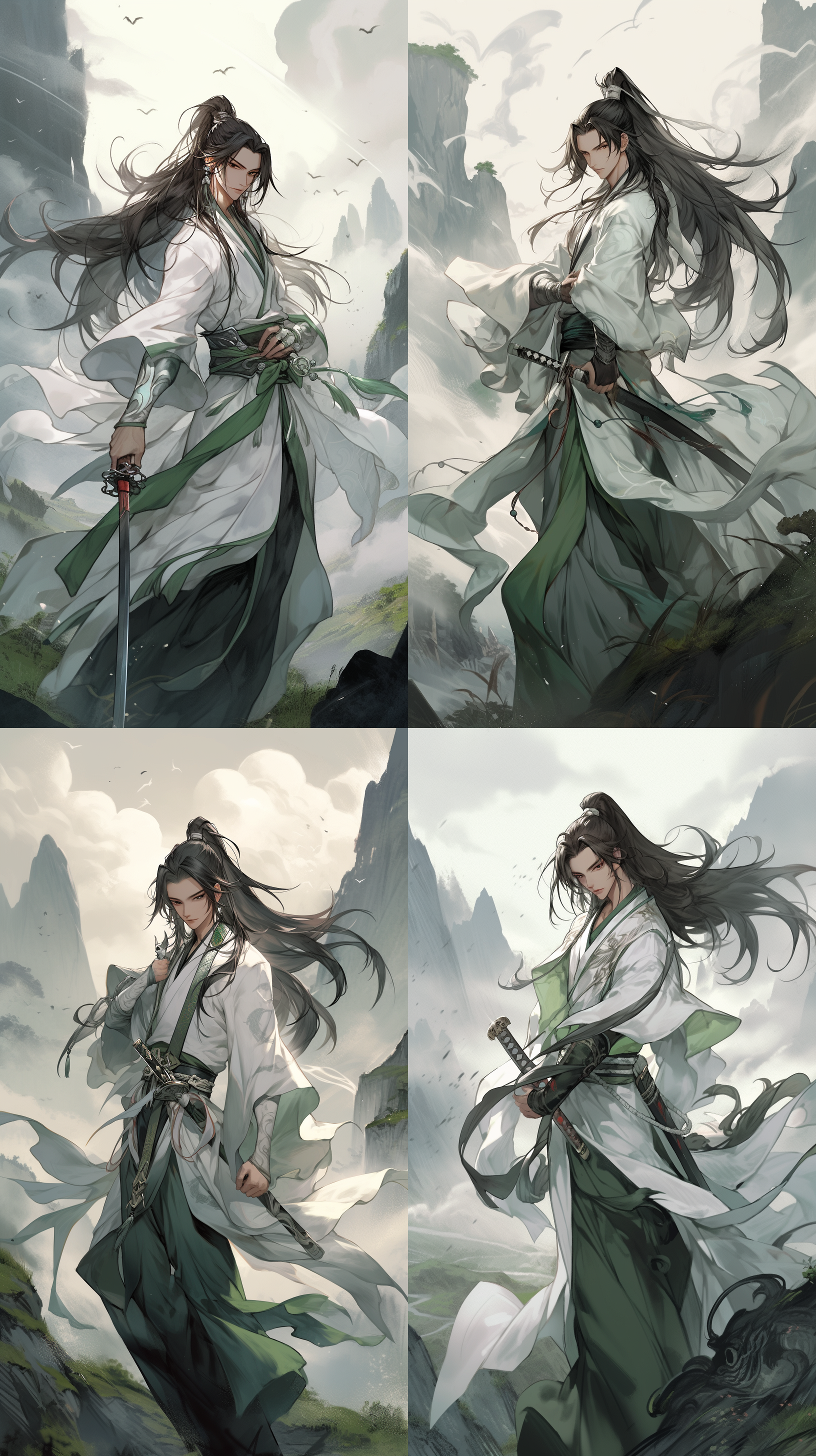 中国风长发帅哥，全身像，黑色眼睛，白色衣服，双手握着剑柄插在地上，传统服饰，君子如玉。远山青翠，云雾缭绕，朦胧效果，暖色调，柔和光线，自然动作，自信微笑，阳光透过树叶洒下，唤起喜悦与豪情